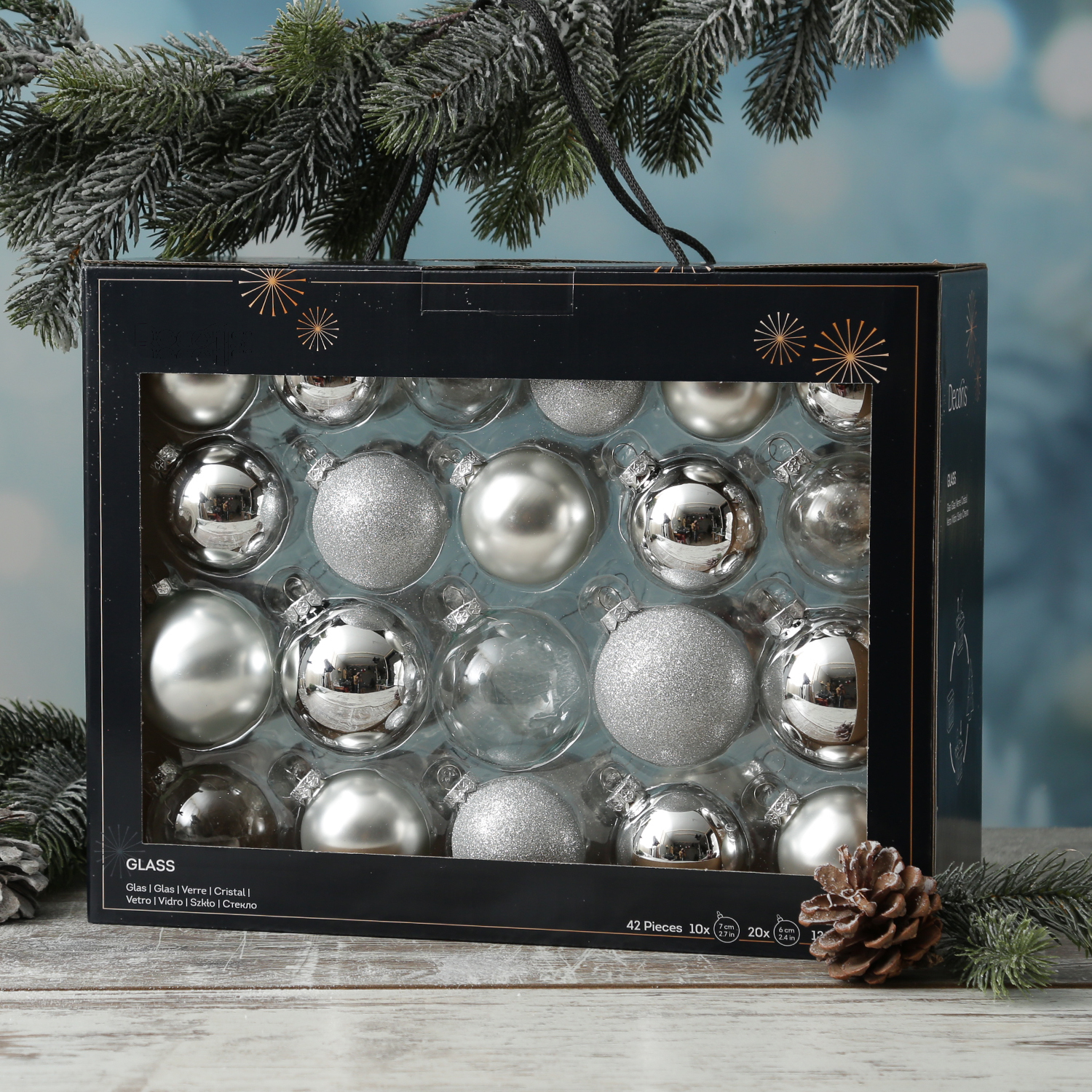 Christbaumkugel - Weihnachtsbaumkugel - Glas - glänzend, matt, glitzernd - silber - 42 Stück
