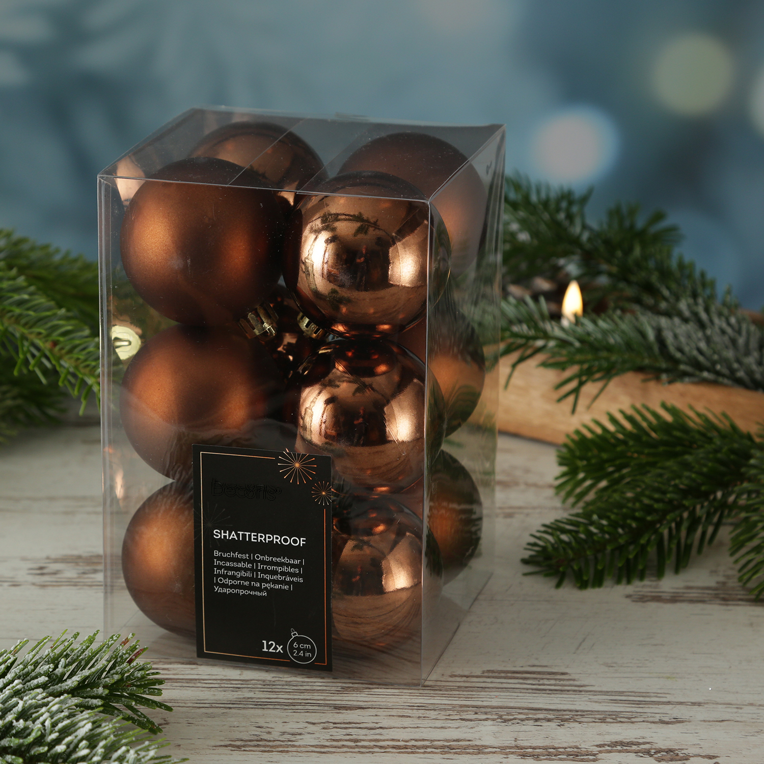 Christbaumkugeln - Weihnachtsbaumkugeln - bruchfest - D: 6cm - glänzend/matt - braun - 12er Set