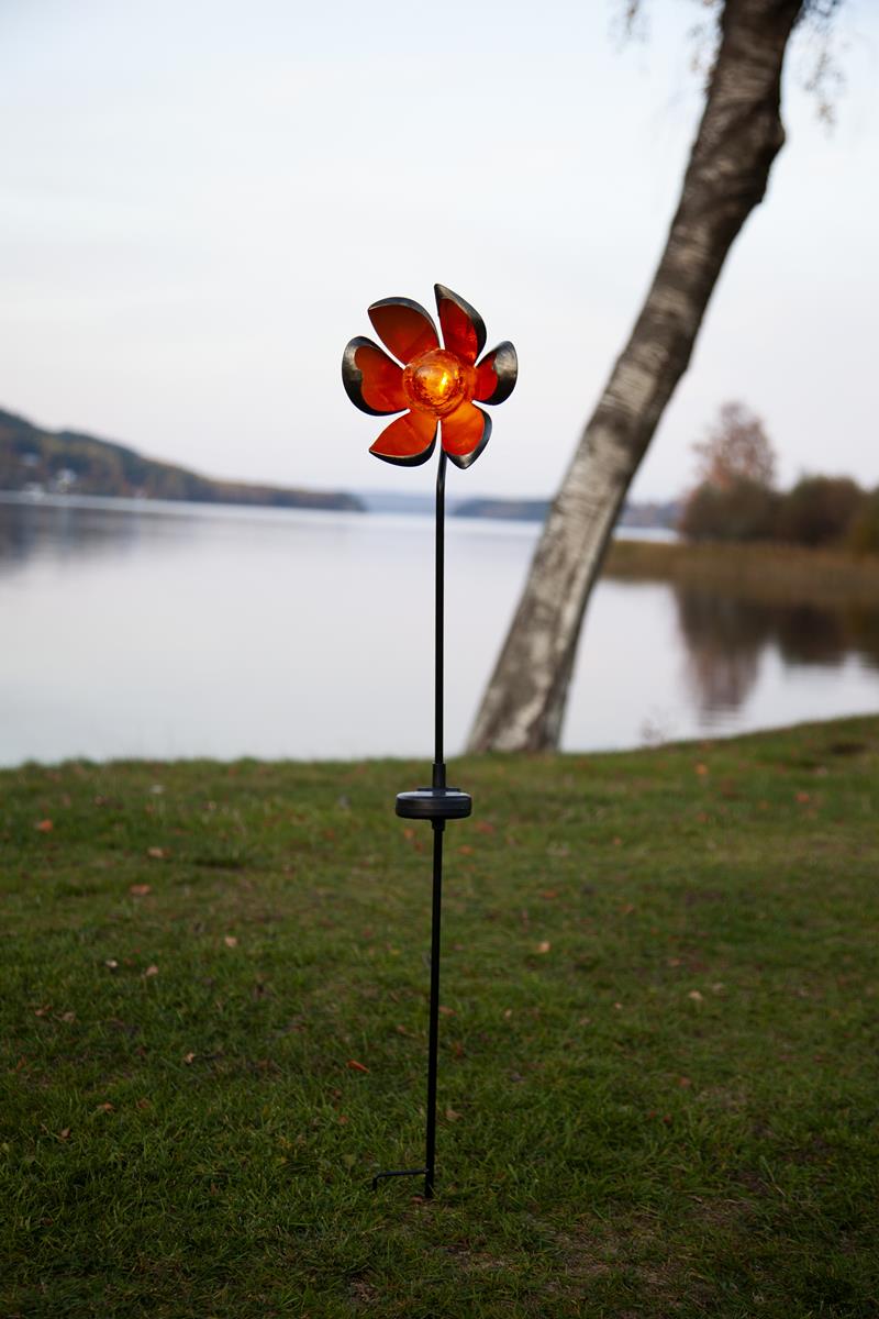 LED Solarstab "Flora"- schwarz - amber LED - Glaskugel in Blüte - H: 84cm - Dämmerungssensor