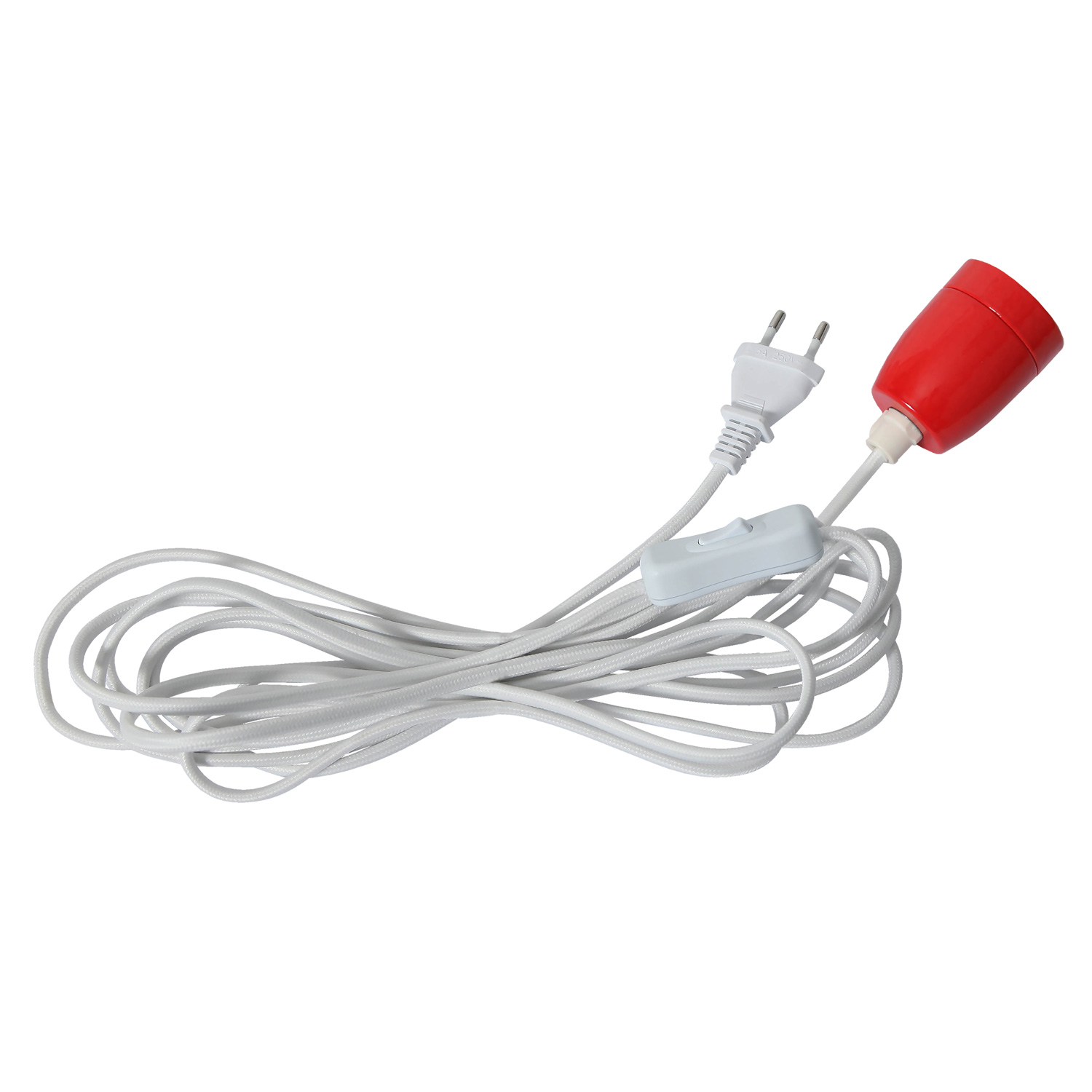 Lampenfassung mit Textilkabel - für E27 Leuchmittel - L:5m - Schalter - rote Porzellanfassung - weiß