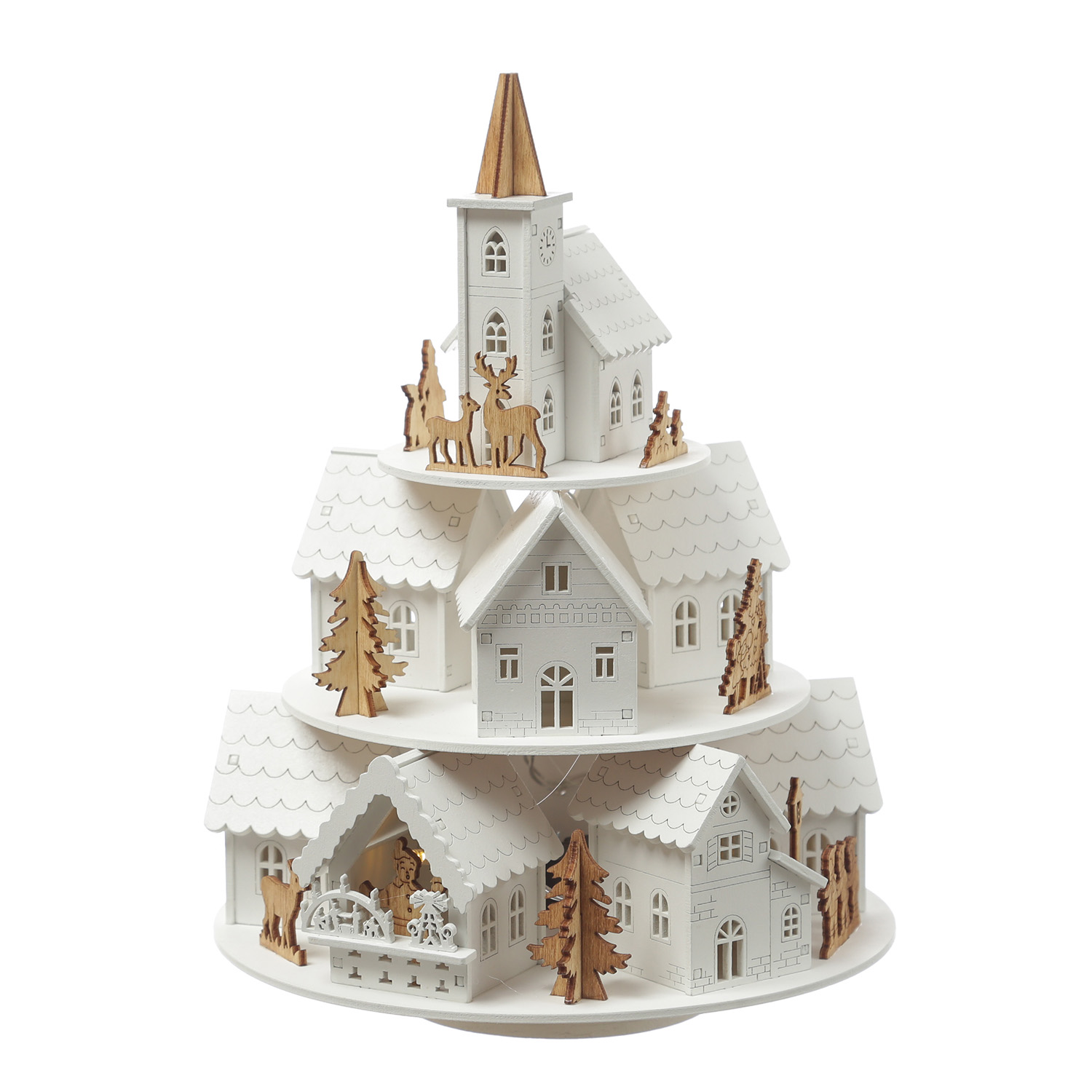 LED Weihnachtsdorf mit Musik - beleuchtete Winterlandschaft - Spieluhr - H: 29cm - Timer - weiß