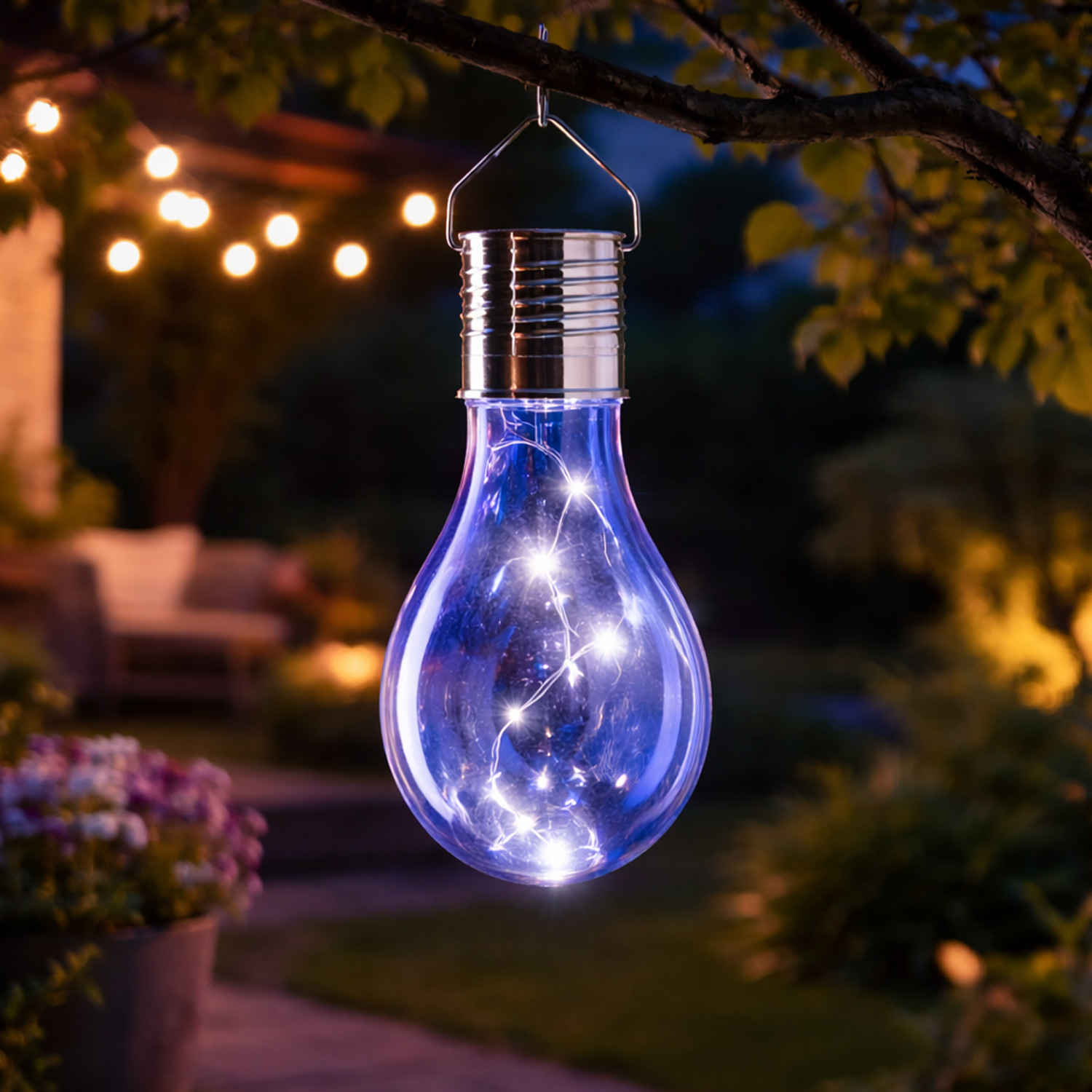 LED Solar Glühbirne GLOW - warmweiße LED Drahtlichterkette - H: 14cm - Lichtsensor - outdoor - blau