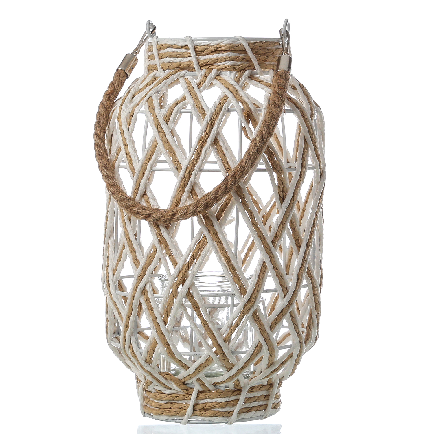 Windlicht mit Glaseinsatz - maritime Laterne - Henkel aus Juteseil - H: 30cm - weiß/natur