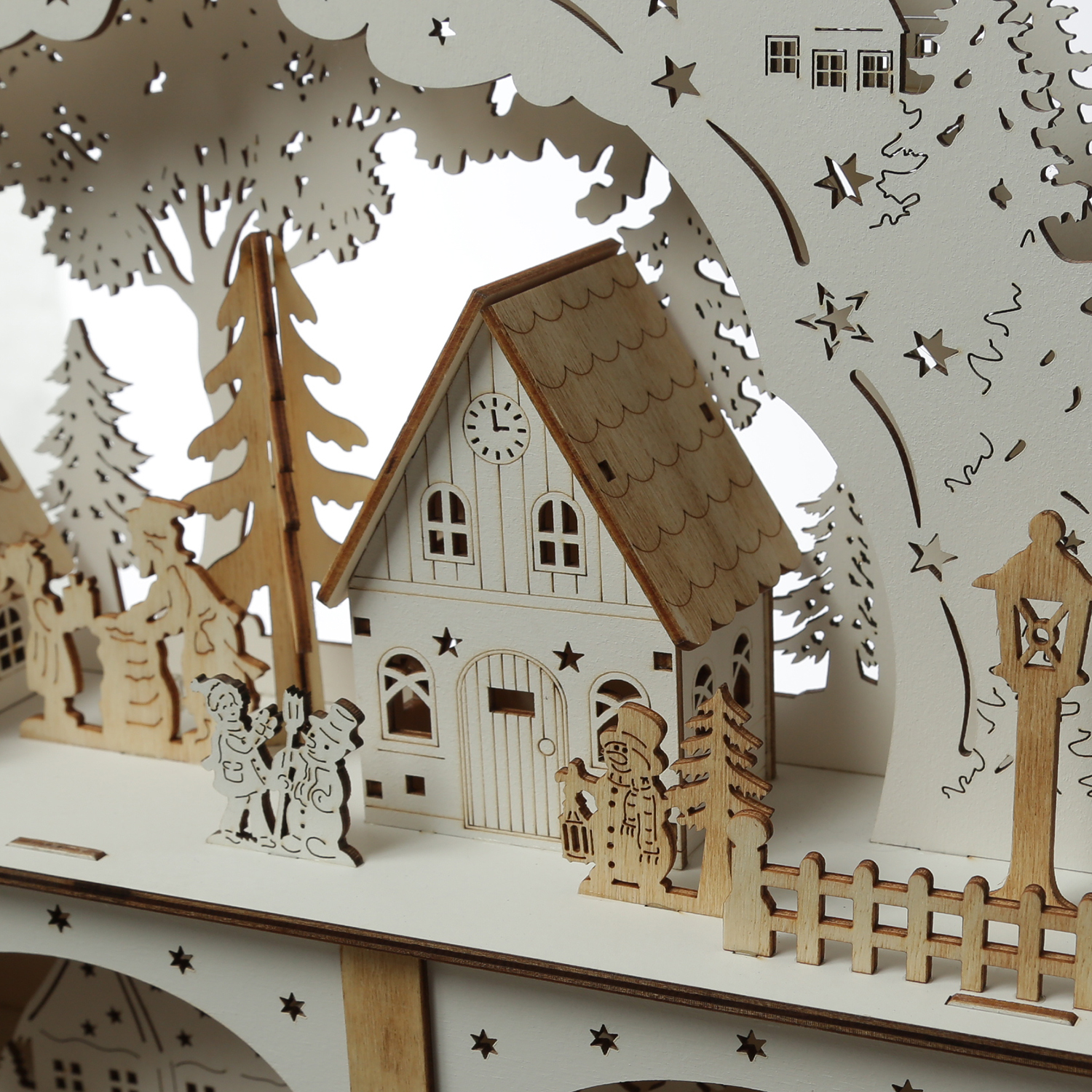 LED Schwibbogen Weihnachtsdorf - Lichterbogen - 10 LED - H: 33,5cm - 2stöckig - Timer - Batterie