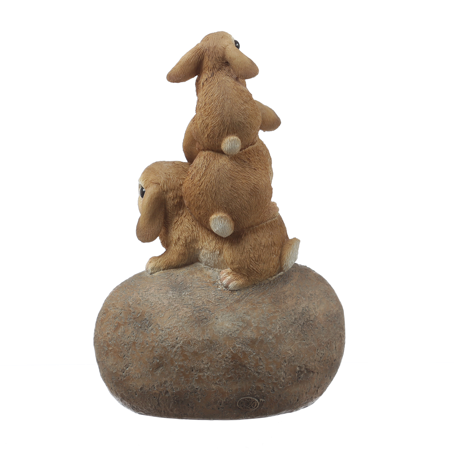 Gartenfigur Welcome - 3 Häschen auf Stein - Dekofigur - H: 26cm - Polyresin - braun