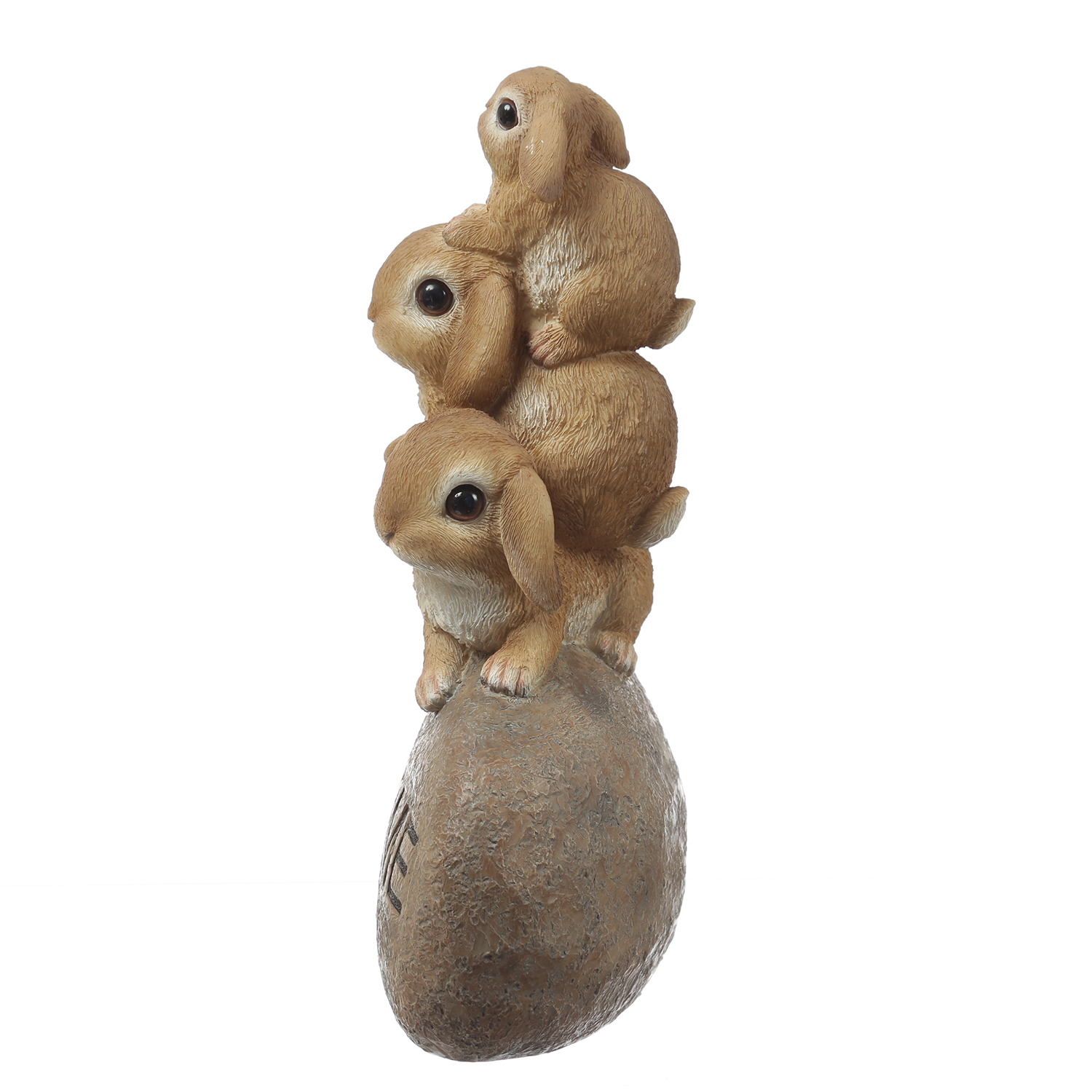 Gartenfigur Welcome - 3 Häschen auf Stein - Dekofigur - H: 26cm - Polyresin - braun