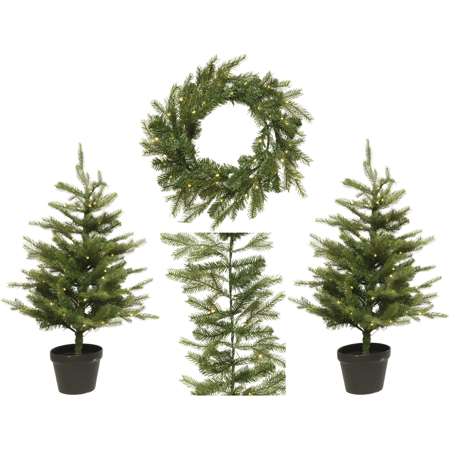 LED Weihnachtsset für Haustür - Kranz, Girlande, 2 Bäume - beleuchtet - 8 Funktionen - 4teilig