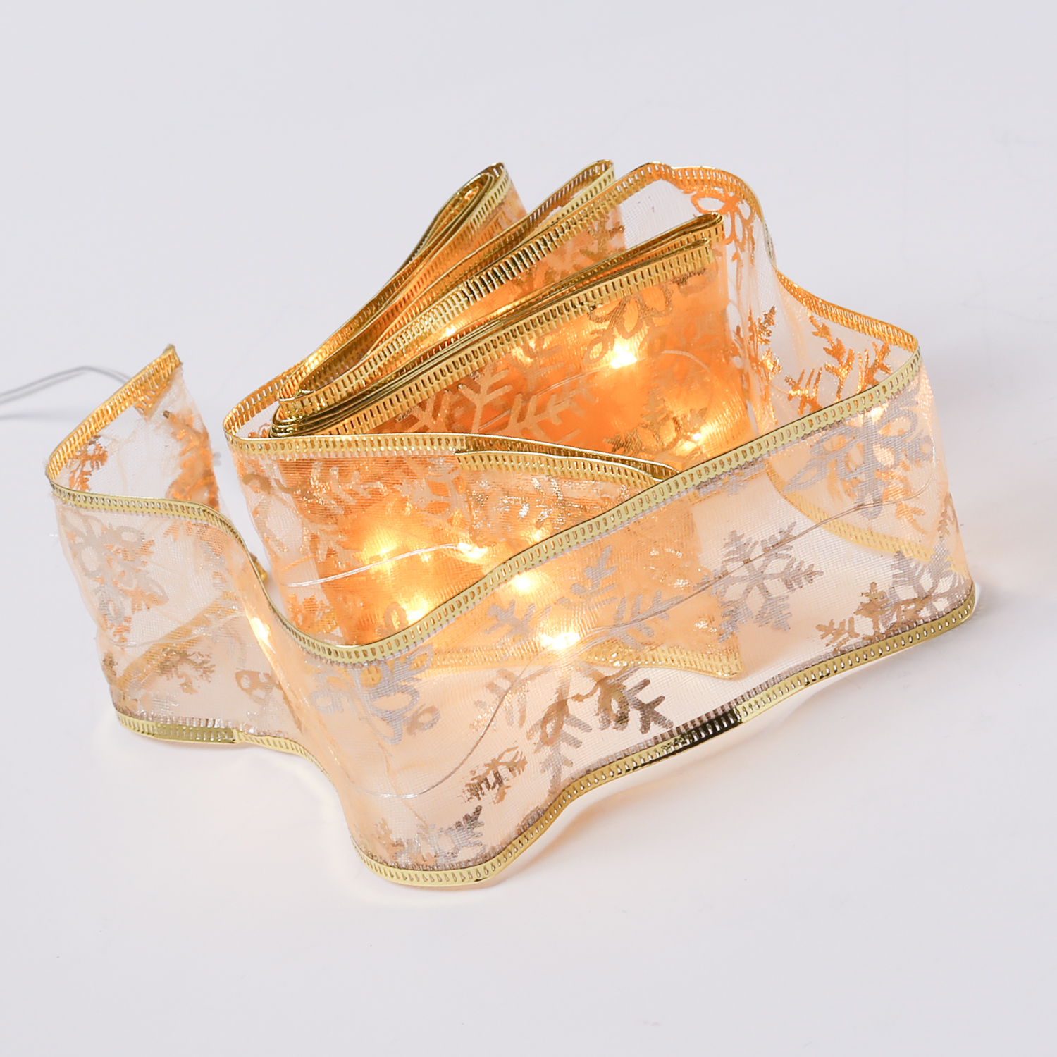 LED Seidenband Lichterkette - Geschenkband - Schneeflockenmotiv - 30 LED - L: 2,7m - Batterie - gold
