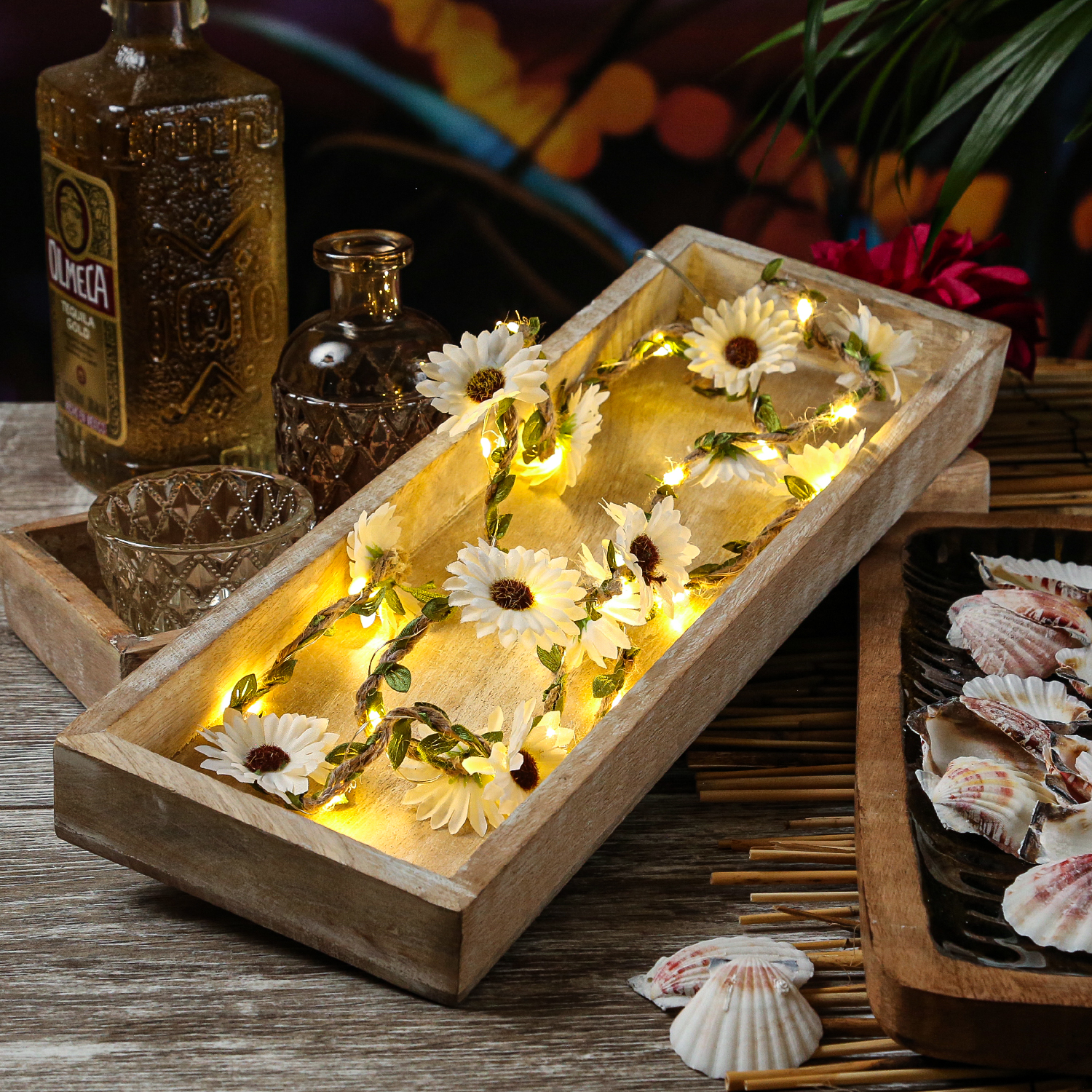 LED Lichterkette Blumen - 15 weiße u. gelbe Blüten - Batterie/Timer - L: 1,4m