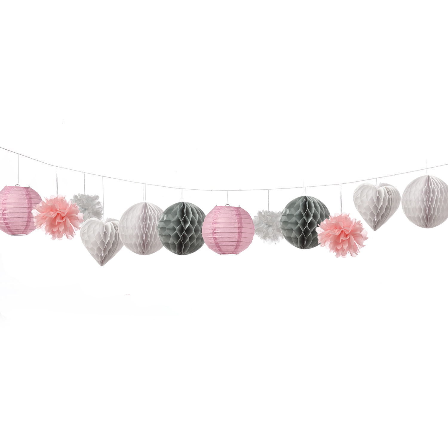 Partyset Papierdekoration 12 Teilig - grau/weiß/rosa Lampion, Pompon