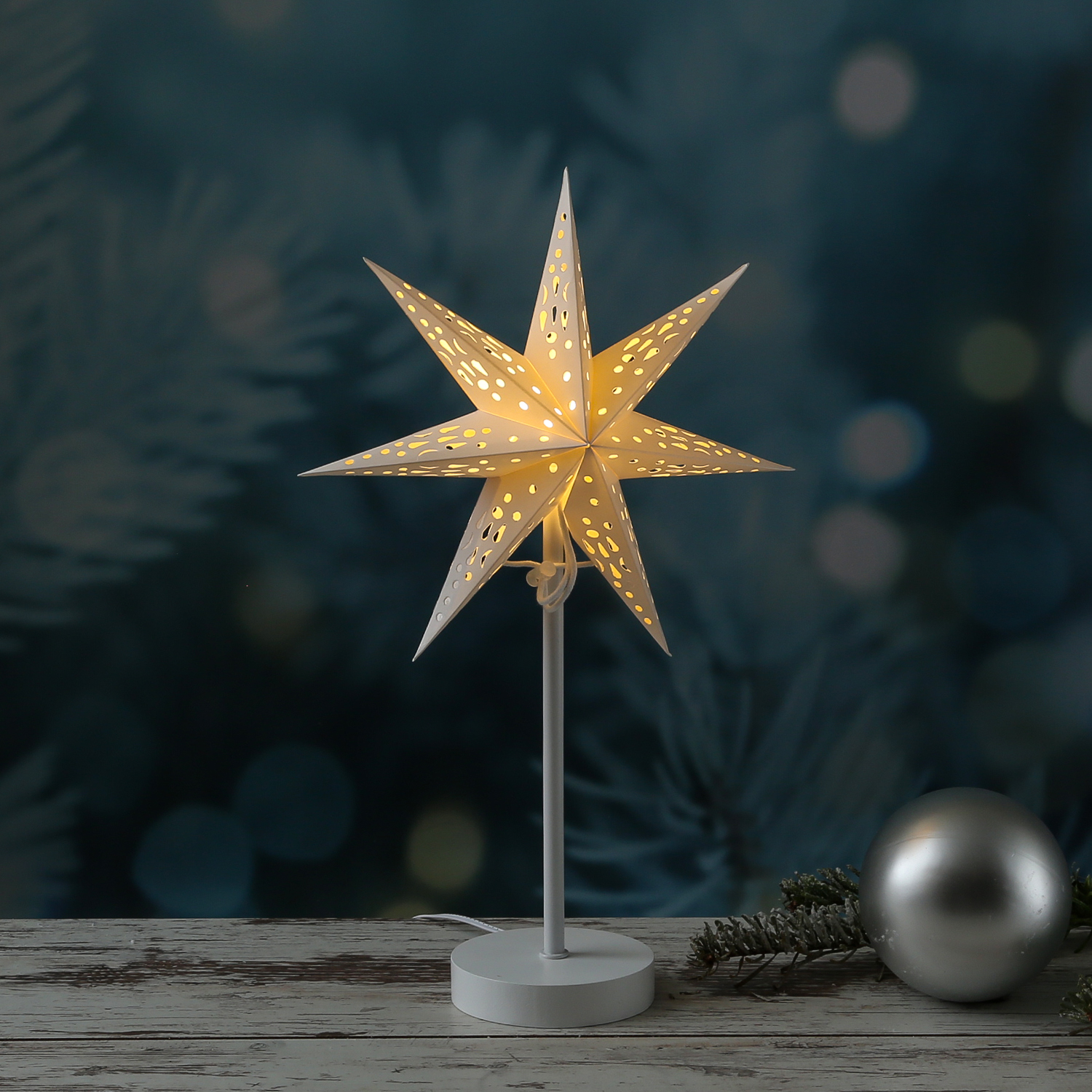 LED Papierstern - 7-zackig - stehend - H: 42cm - 6 warmweiße LED - inkl. Trafo - für Innen - weiß