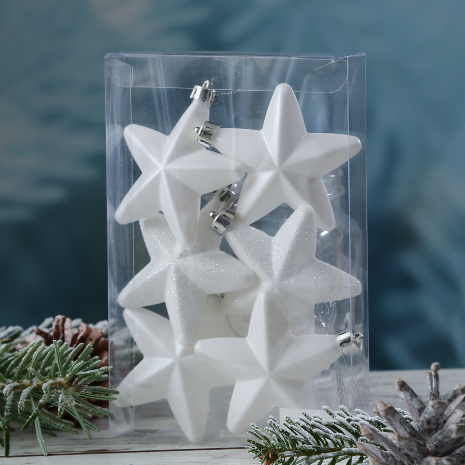 Christbaumschmuck STERN - Weihnachtsschmuck - bruchfest - glänzend matt glitzernd - weiß - 6er Set