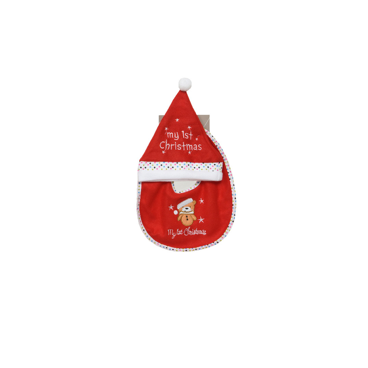 Baby Weihnachts-Geschenkset MY FIRST - Mütze und Lätzchen mit Bär - Polyester - rot, weiß
