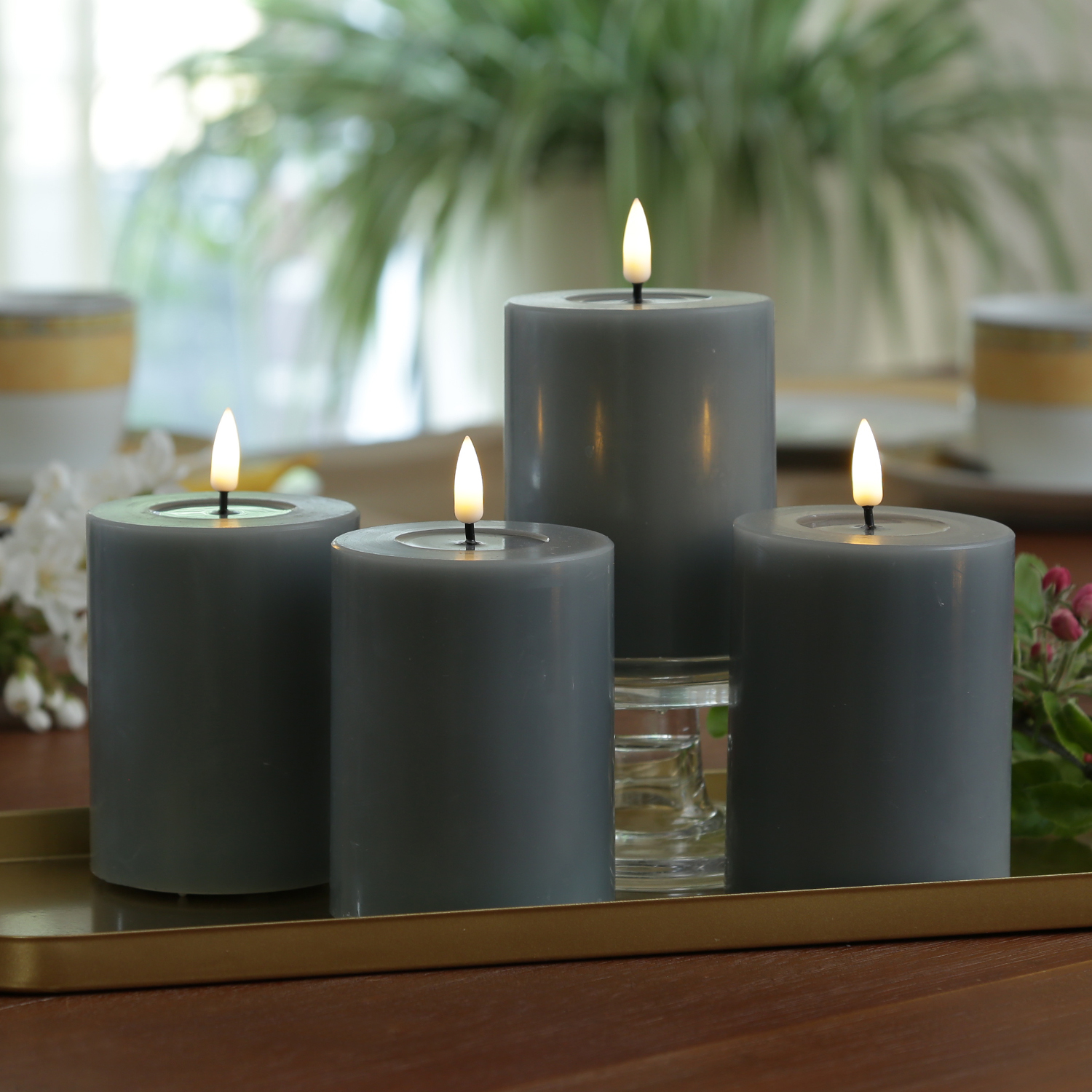 LED Kerzenset MIA - Echtwachs - H: 10cm/D: 7,5cm - mit Batterien/Fernbedienung - grau - 4er Set