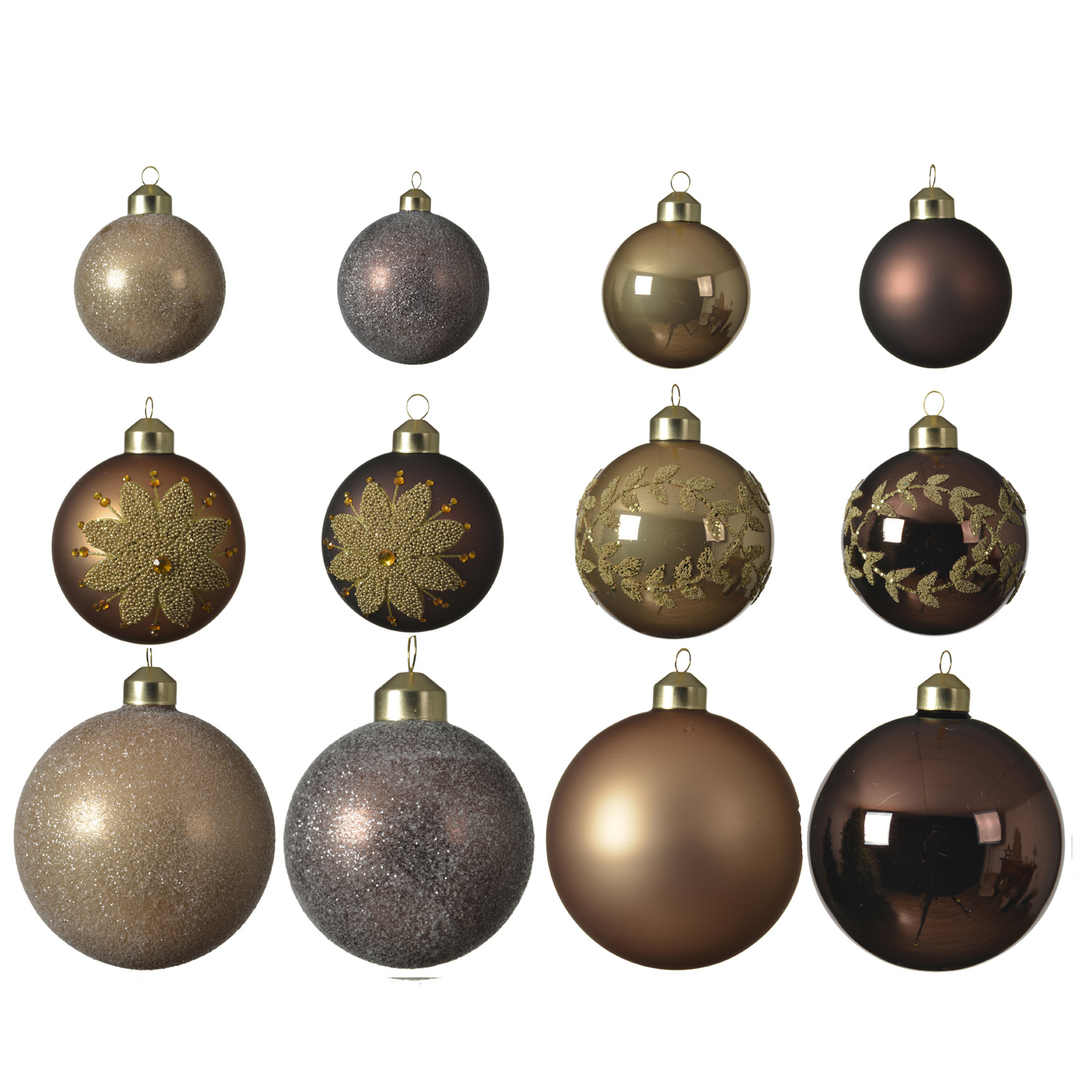 Christbaumkugel - Weihnachtsbaumkugel - Glas - 3 Größen - glänzend matt glitzernd - braun - 12er Set