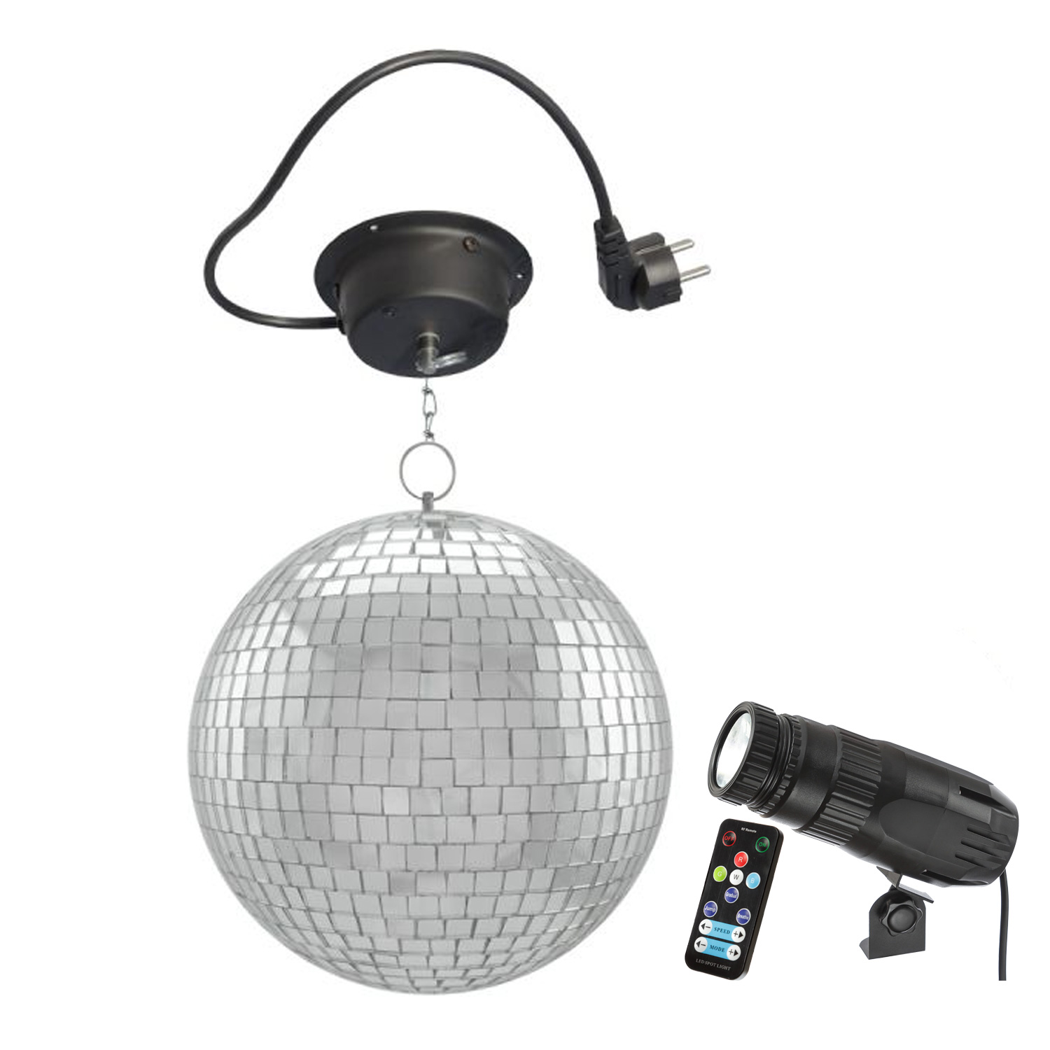 Spiegelkugel Komplettset - Discokugel, Motor, Pinspot, Montagematerial für Diskokugel - Mirrorball Set - Partyset