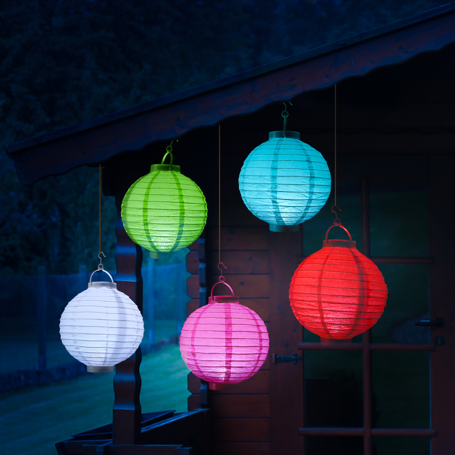 LED Lampion FESTIVAL - kaltweiße LED - D: 20cm - Montagehaken - 5er Set bunt