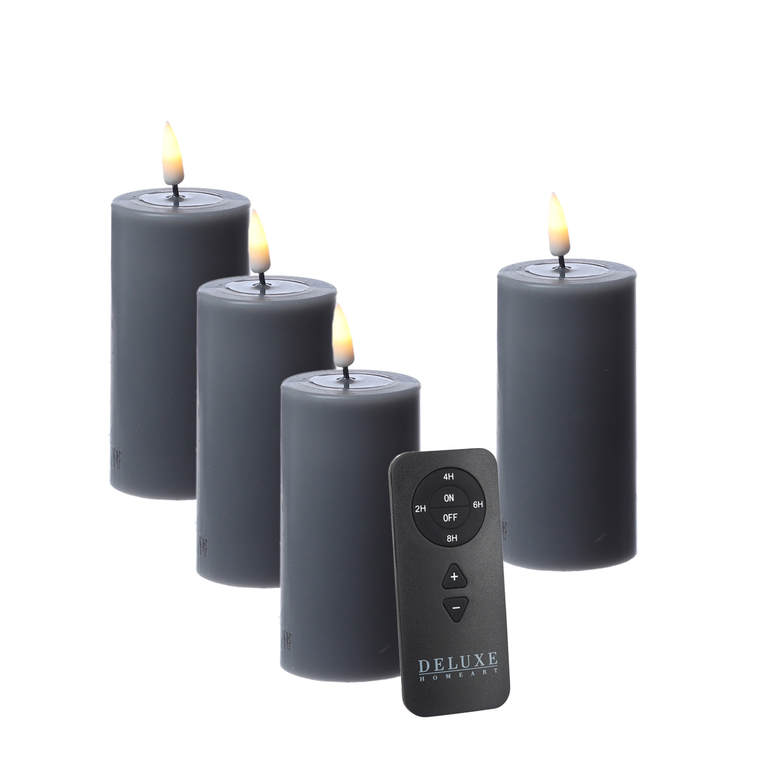 LED Kerzenset MIA - Echtwachs - H: 10cm/D: 5cm - mit Batterien/Fernbedienung - grau - 4er Set