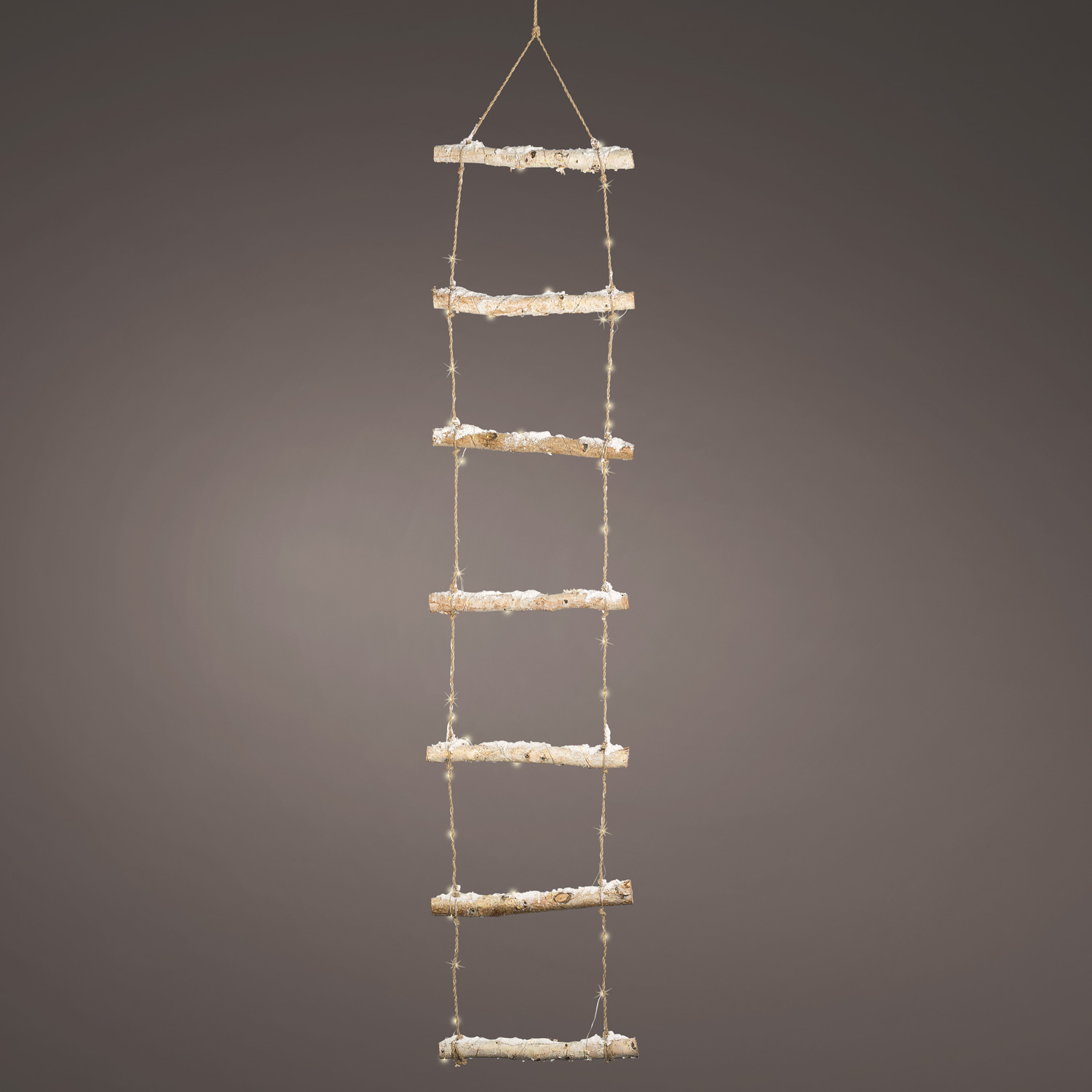 LED Strickleiter - Juteseil mit Holzstäbe - Schneeoptik - warmweiße LED - H: 1,5m - Timer - Batterie