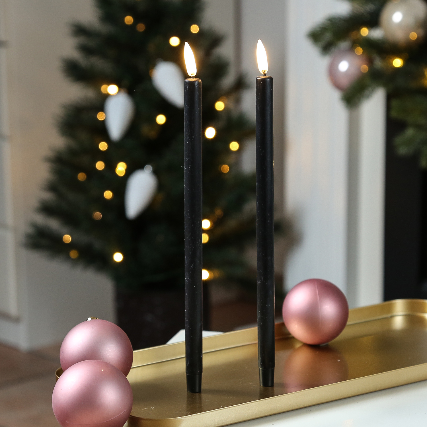LED Stabkerzen THEA - dünne Tafelkerzen - Echtwachs - H: 25cm - D: 1,3cm - schwarz - 2 Stück