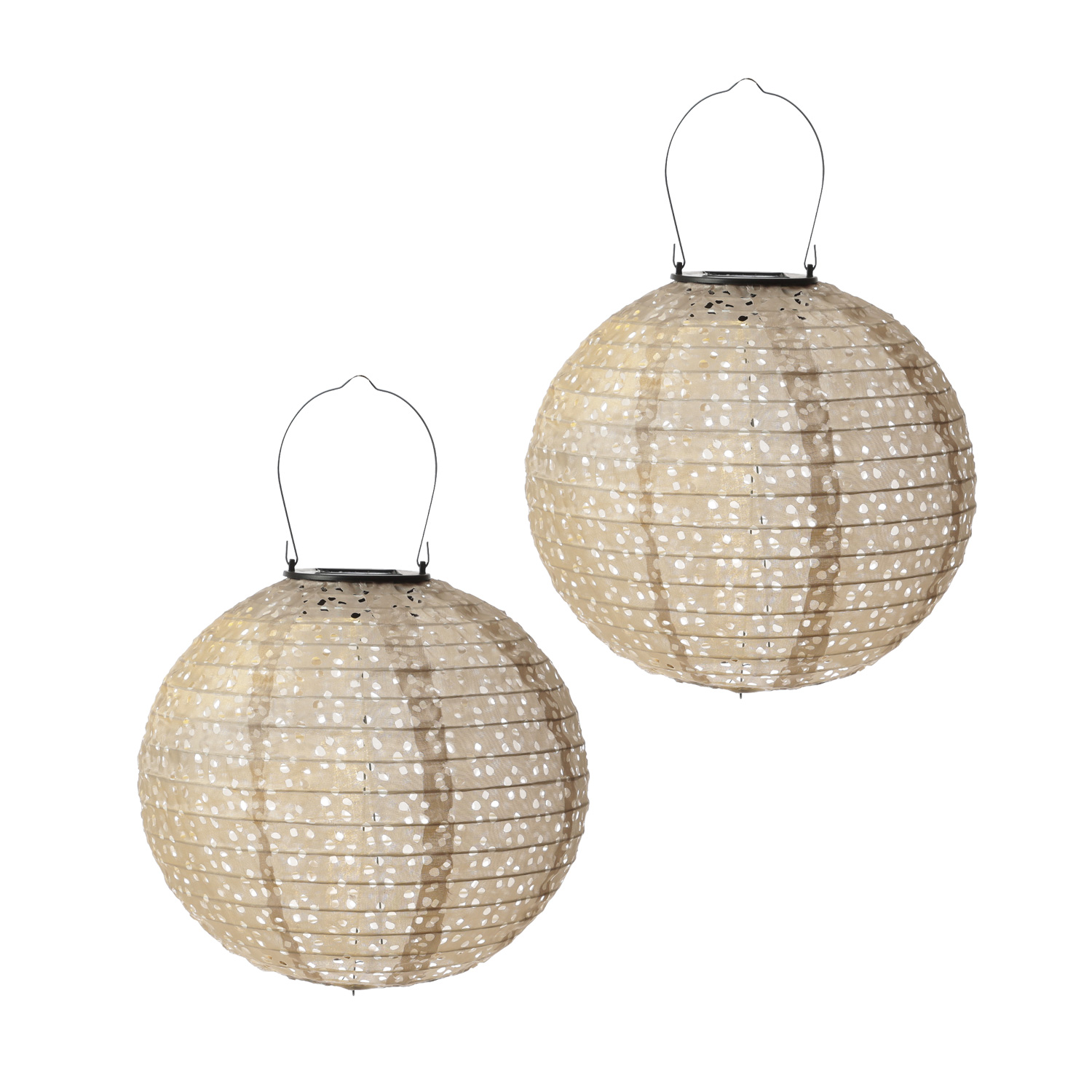LED Solar Lampions - mit Blumenmuster - warmweiße LED - D: 25cm - Lichtsensor - beige - 2 Stück