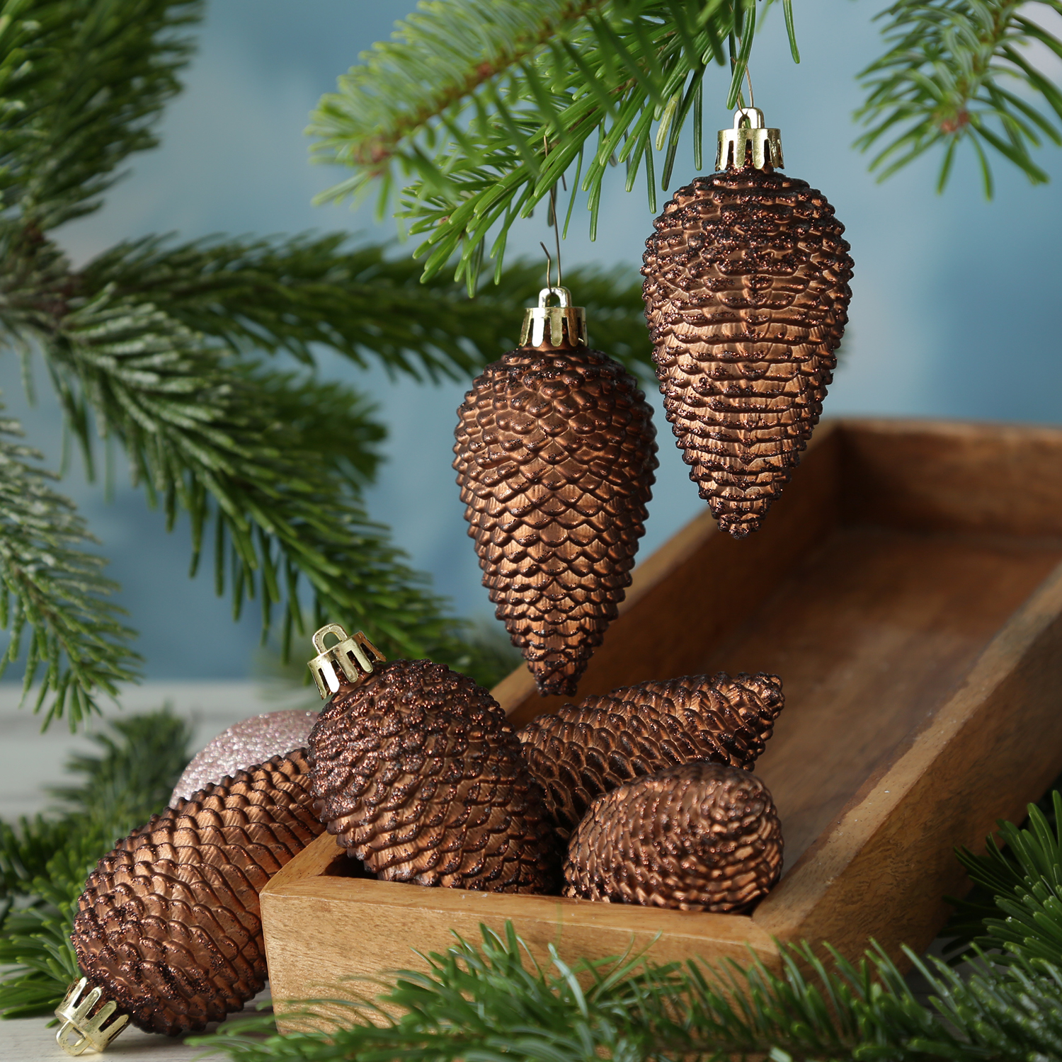 Christbaumschmuck ZAPFEN - Weihnachtsschmuck - bruchfest - glitzernd - H- 8cm - braun - 6er Set