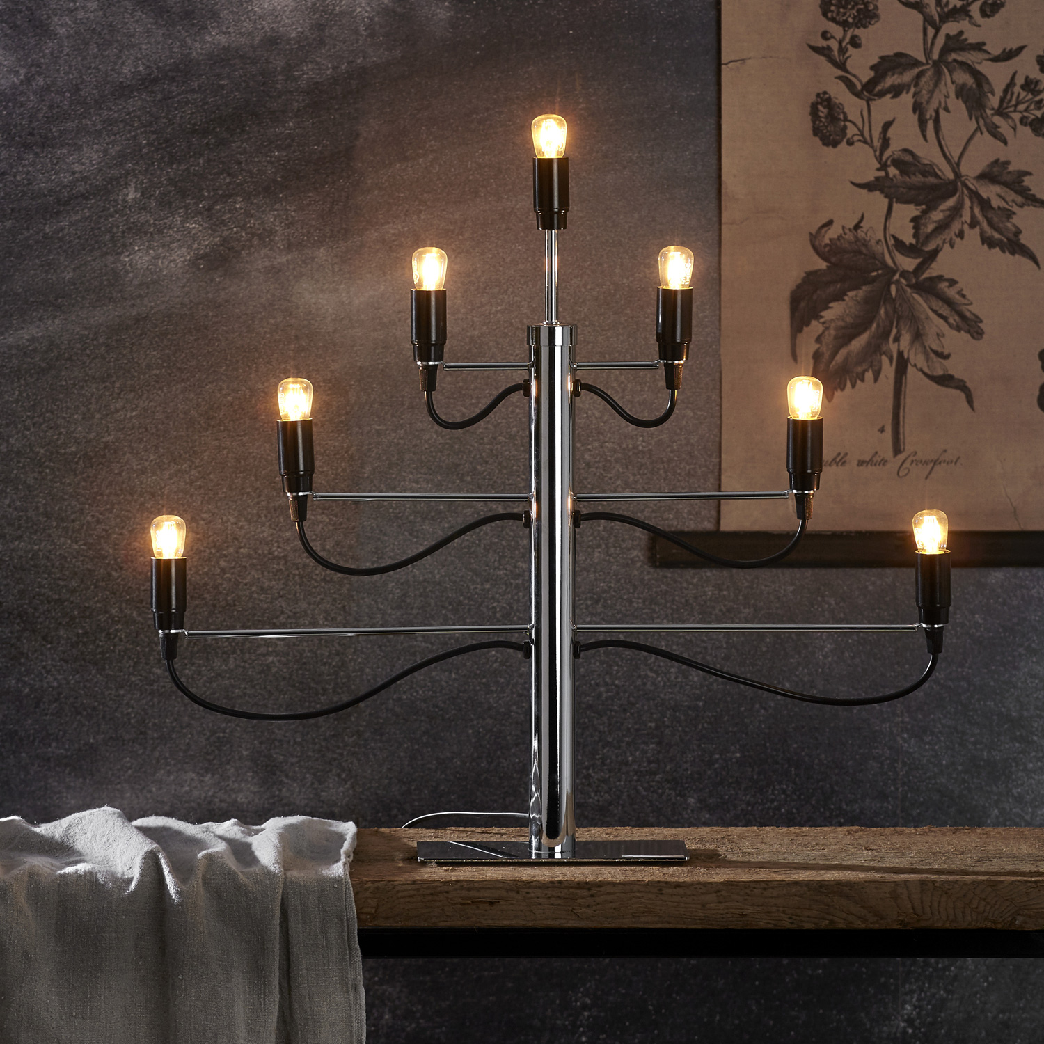 Kerzenleuchter/Tischleuchte "Milano" - 7-armig - E14 Fassung - H: 52,5cm, L: 60cm - schwarz/silber
