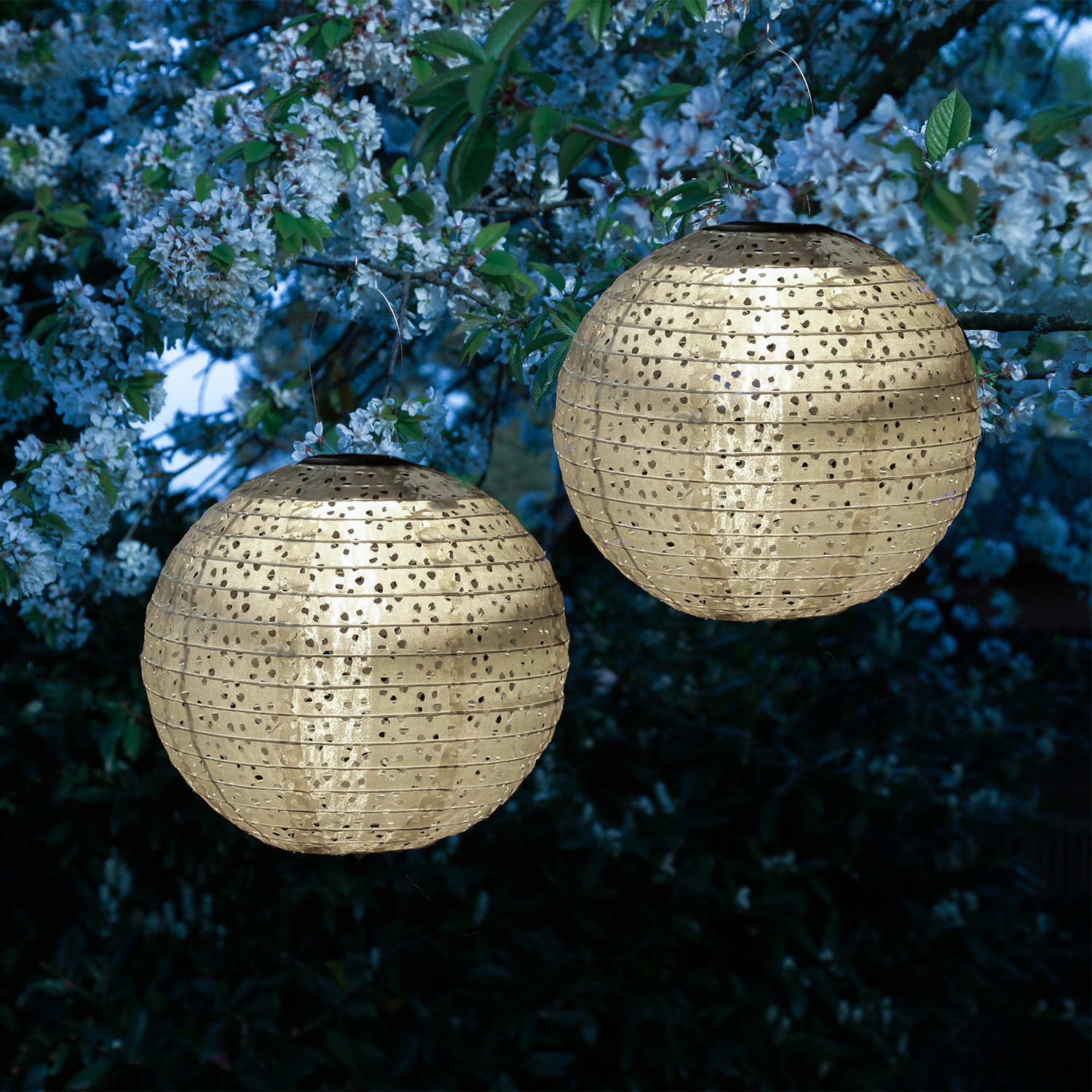 LED Solar Lampion - mit Blumenmuster - warmweiße LED - H: 25cm - D: 25cm - Lichtsensor - beige