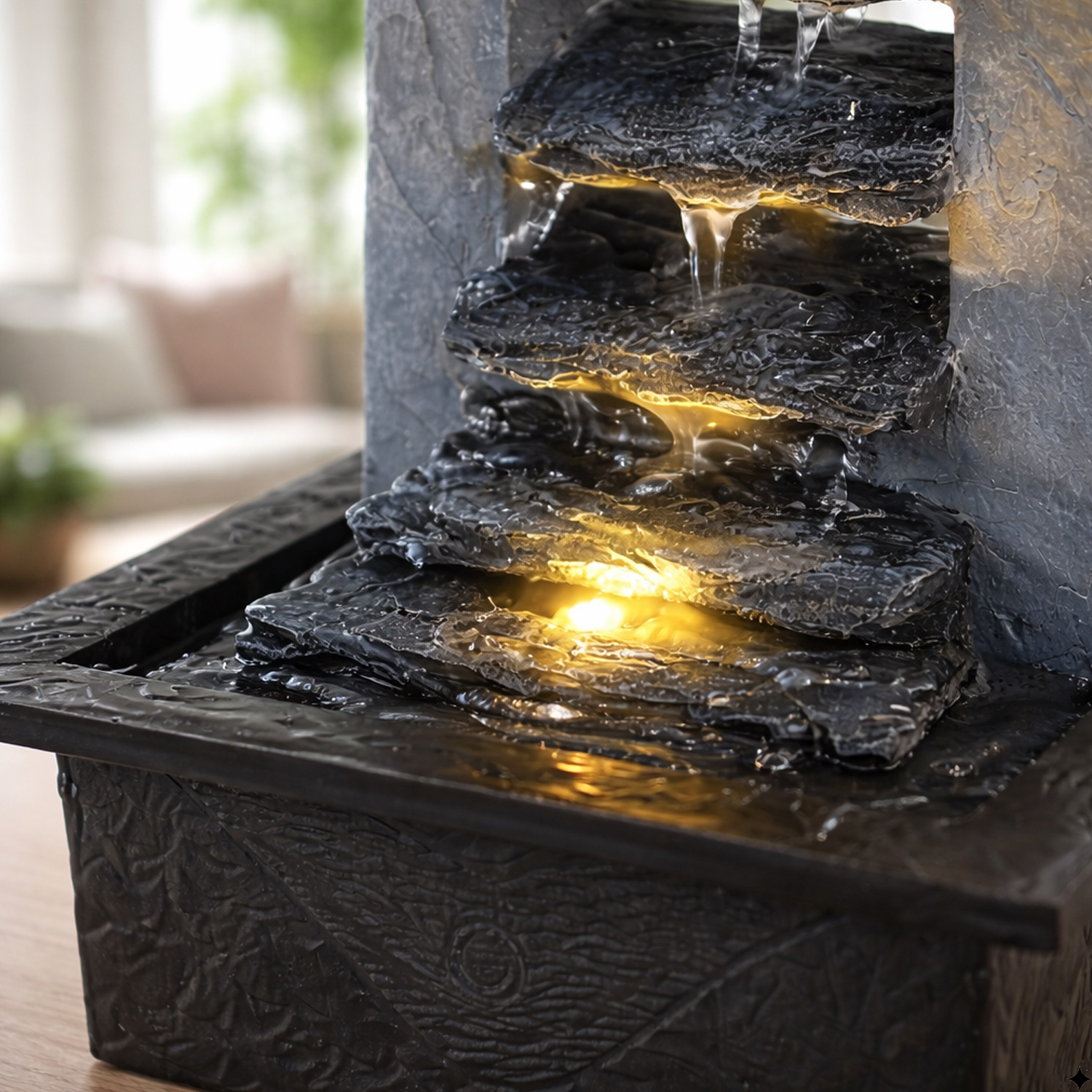 Kaskadenbrunnen Schieferlook Tischbrunnen mit LED H27cm