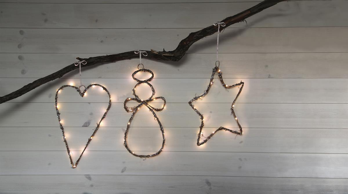 LED Dekostern "Willy" - hängend - 15 warmweiße LED - H: 37cm - Holz/Metal - Batteriebetrieb - braun