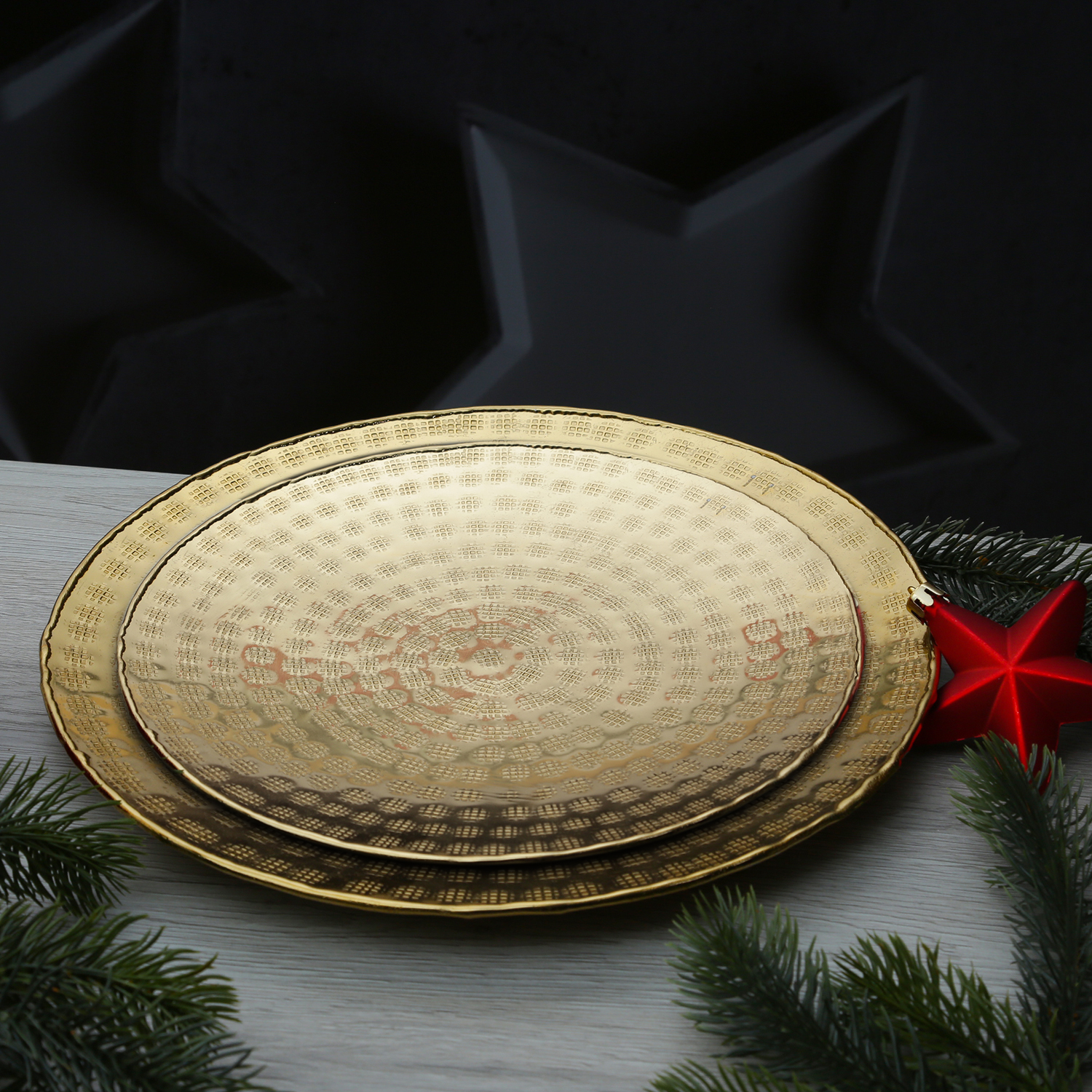 Tablett - Dekotablett - rund - Aluminium - gehämmert - D: 28,5cm - gold