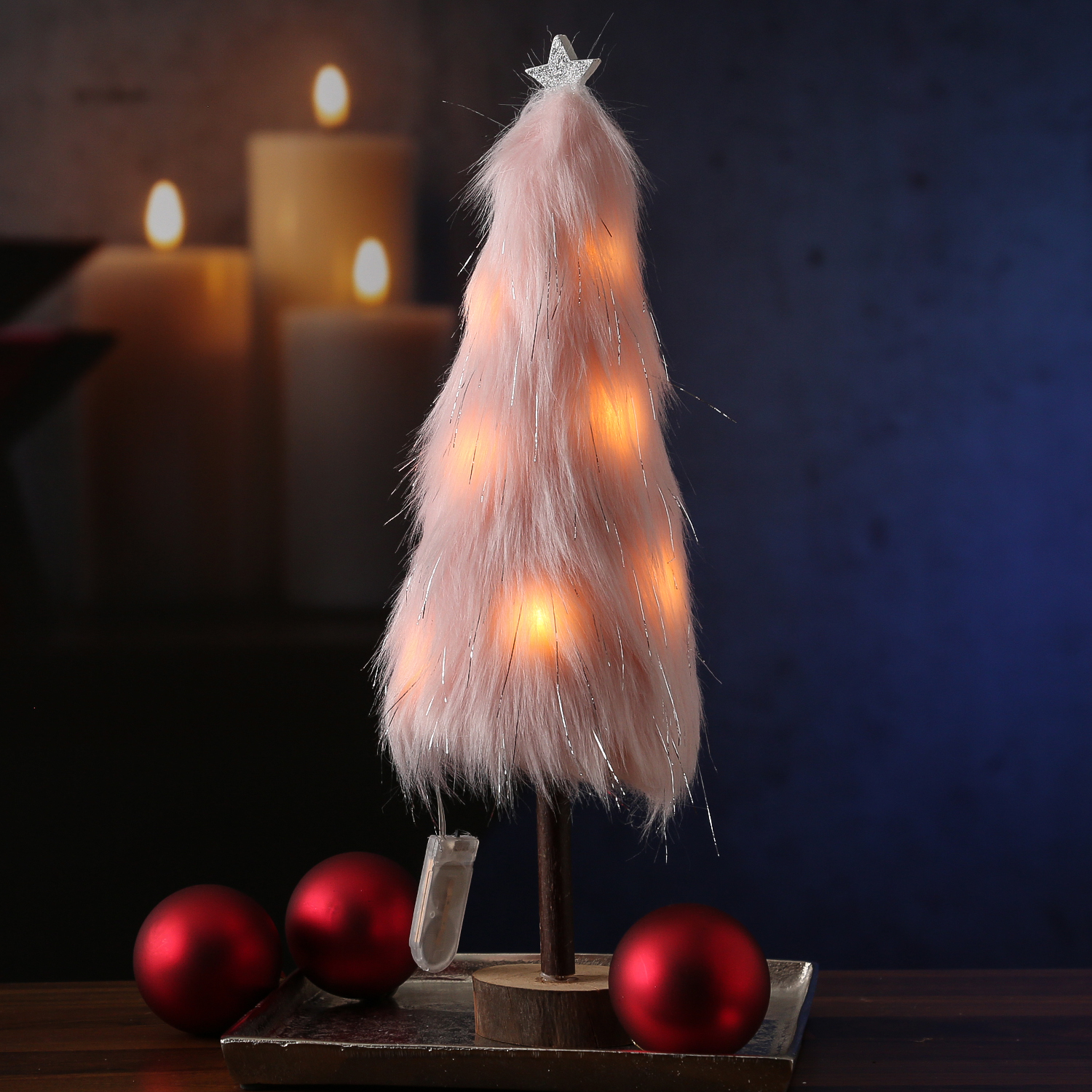 LED Dekobaum PLÜSCH - Holz - Plüschfell - warmweiße LED - Sternspitze - H: 36,5cm - Batterie - rosa