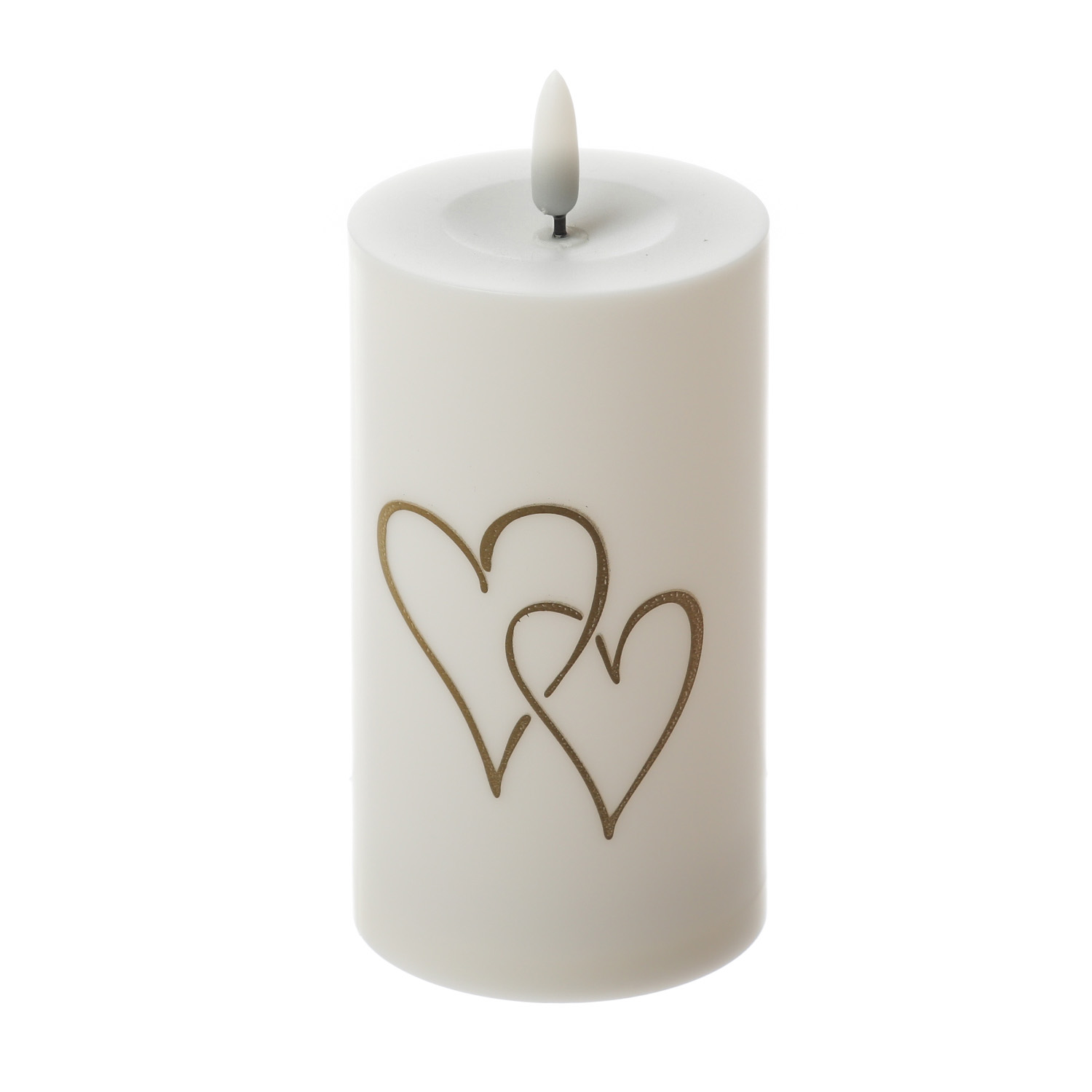 LED Kerze goldene Herzen - Kunststoff - H: 15cm - D: 7cm - Timer/Sensor - für Innen/Außen - weiß