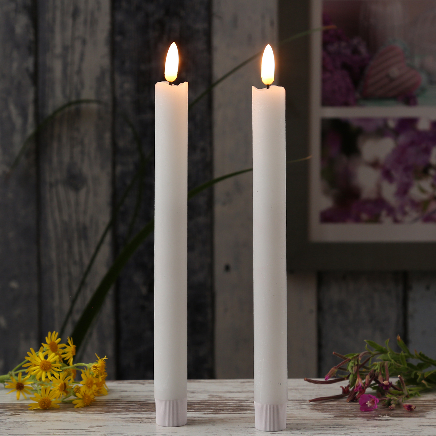 LED Stabkerzen Flamme - Echtwachs - flackernde warmweiße LED - 4 Größen - Timer - weiß