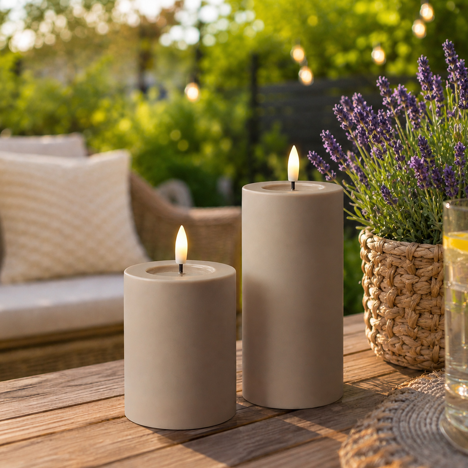 LED Kerze outdoor - Kunststoff - H: 12,5cm - D: 7,5cm - bis 1000h - Timer - für Innen/Außen - sand