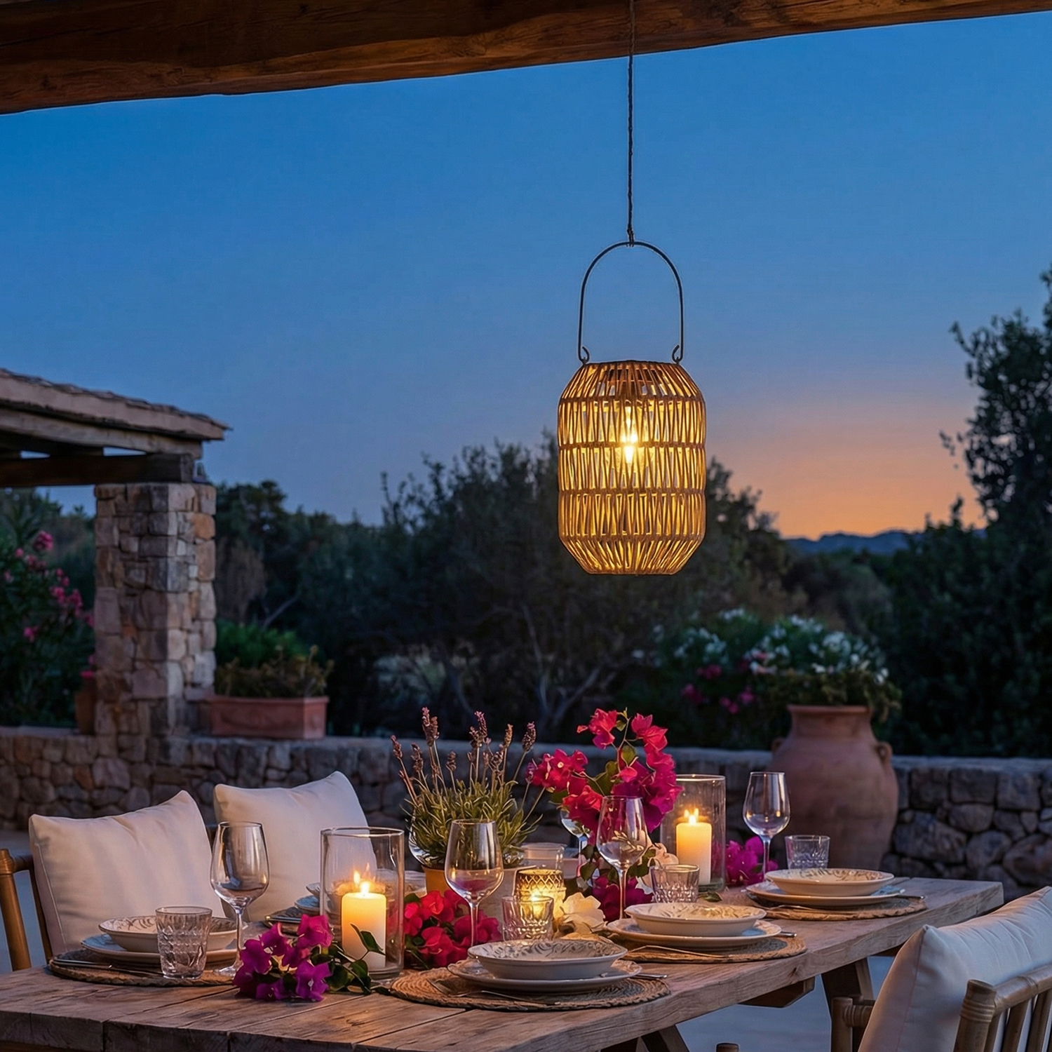 LED Solar Laterne - Tischleuchte in Korboptik - warmweiß - H: 24,5cm - Lichtsensor - natur