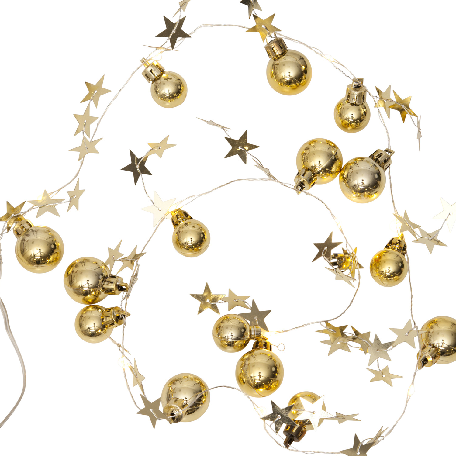 LED-Lichterkette "Xmas" - 10 warmweiße LED - goldene Kugeln und Sterne - 0,9m - Batterie - Timer