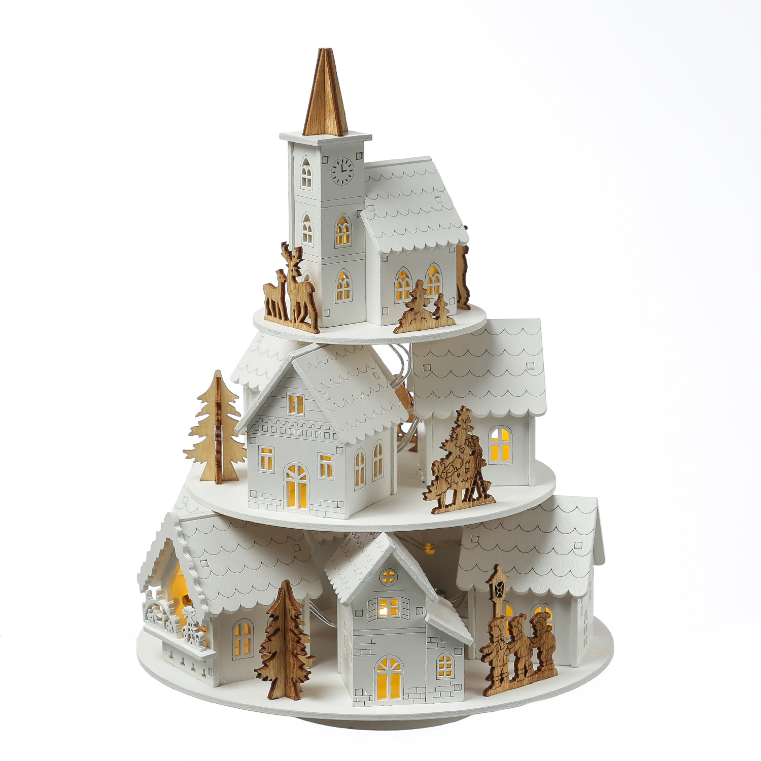 LED Weihnachtsdorf mit Musik - beleuchtete Winterlandschaft - Spieluhr - H: 29cm - Timer - weiß