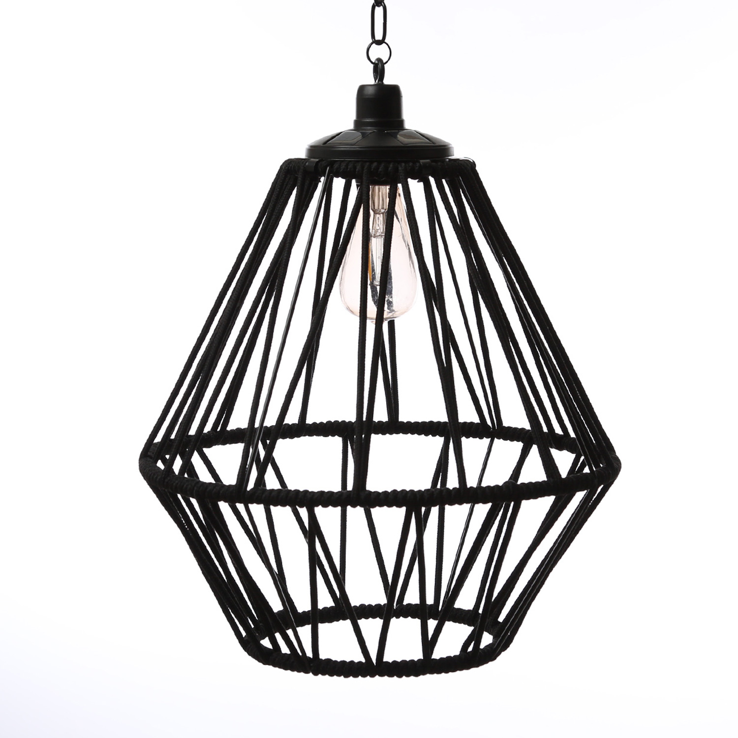 LED Solar Hängeleuchte - Kunststoffseil - 1 warmweiße LED - H: 47cm - D: 38cm - Außen - schwarz