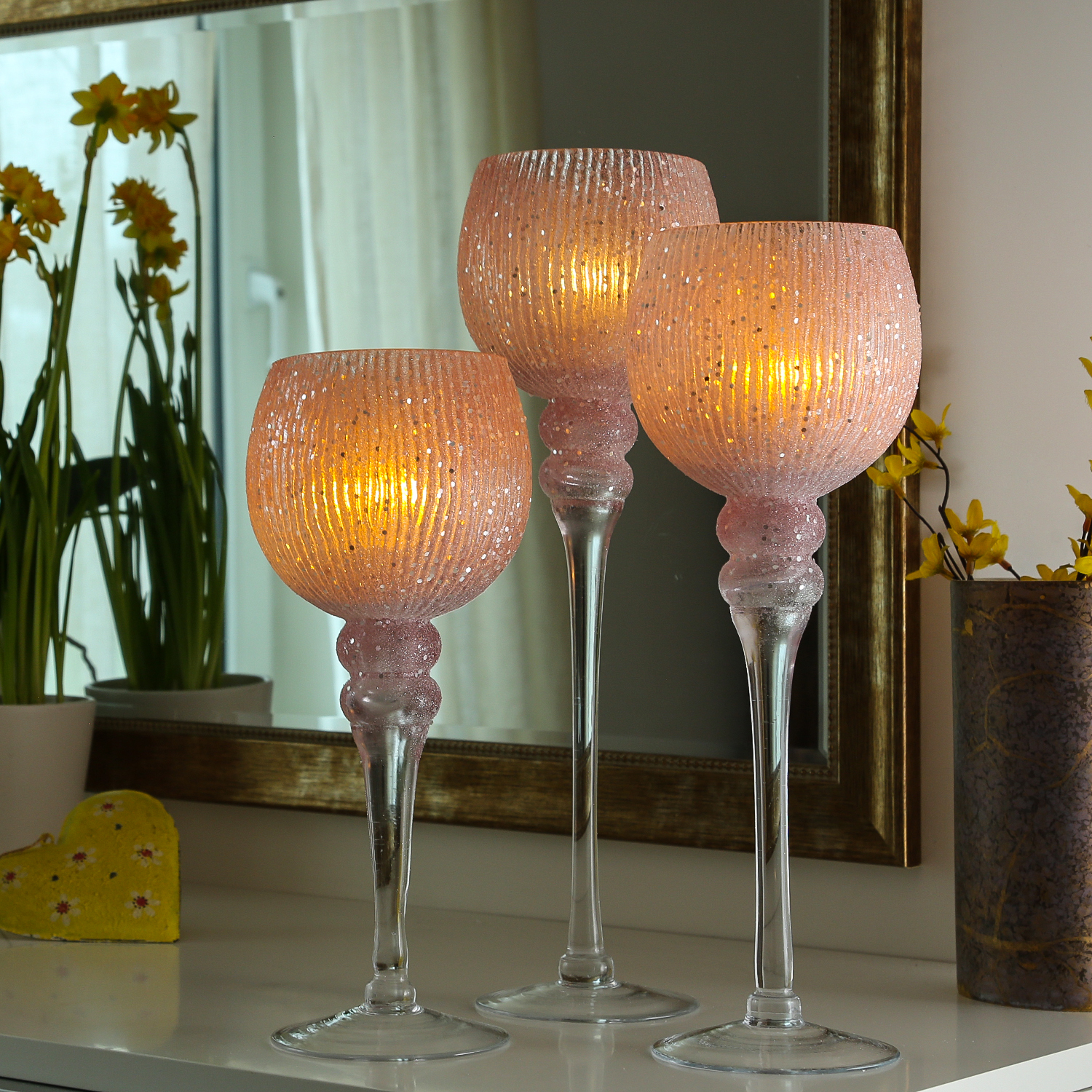 Kerzenhalter Kelch FLORENZ - Glas - H: 30cm, 34,5cm, 40cm - rosa, silber - 3er Set