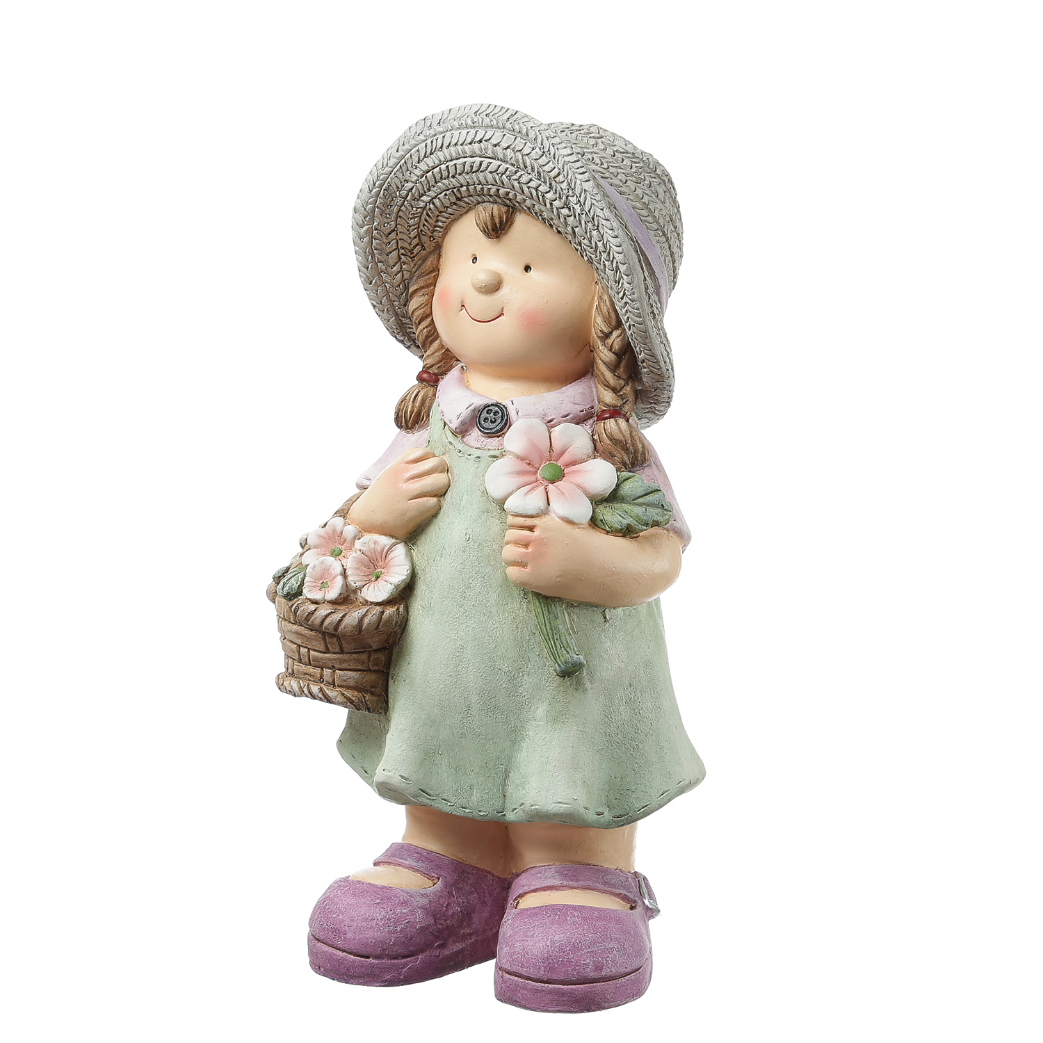 Dekofigur Klara - Mädchen mit Blumenkorb - Gartenfigur - Magnesia  - H: 39cm - bunt