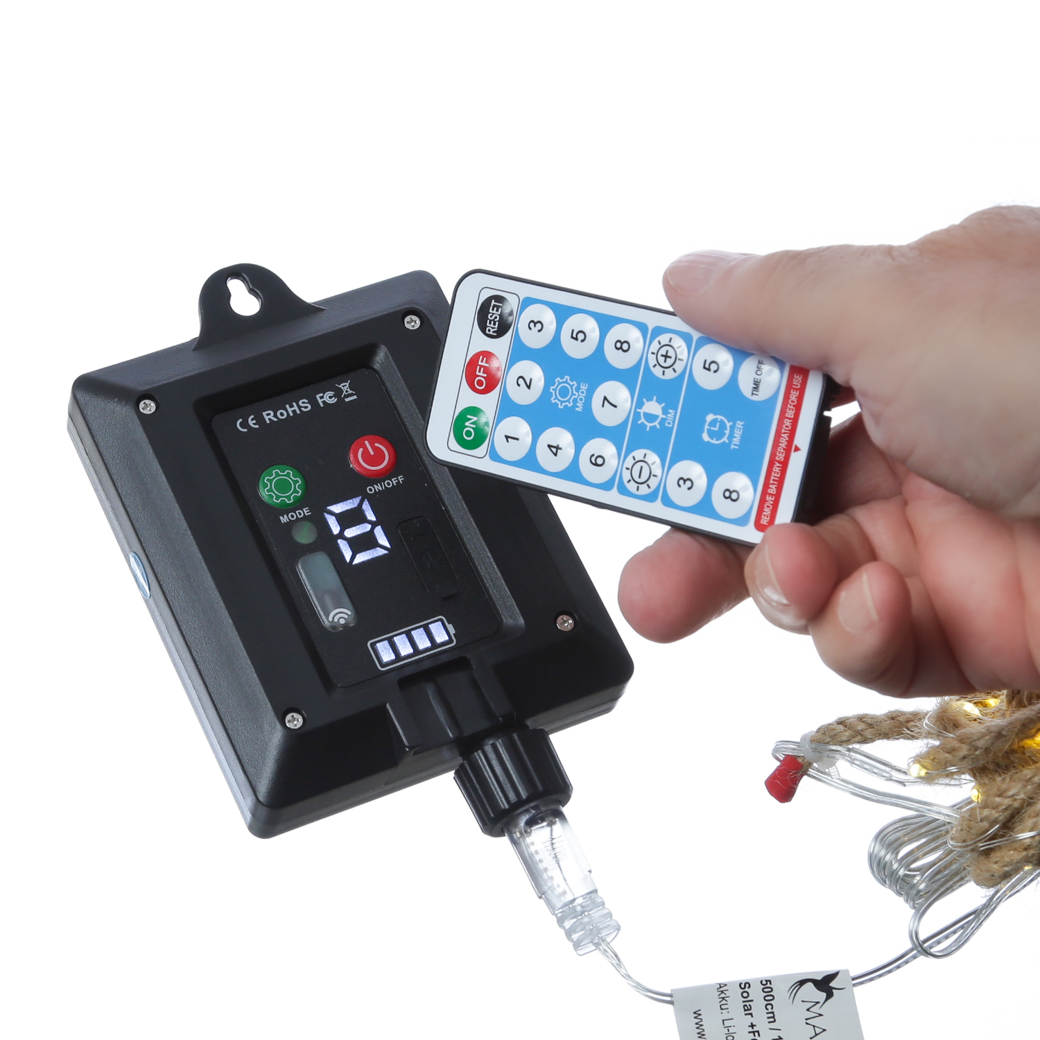 LED Solar Lichterkette Juteseil - 100 warmweiße LED - L: 5m - 8 Funktionen/USB - Fernbedienung