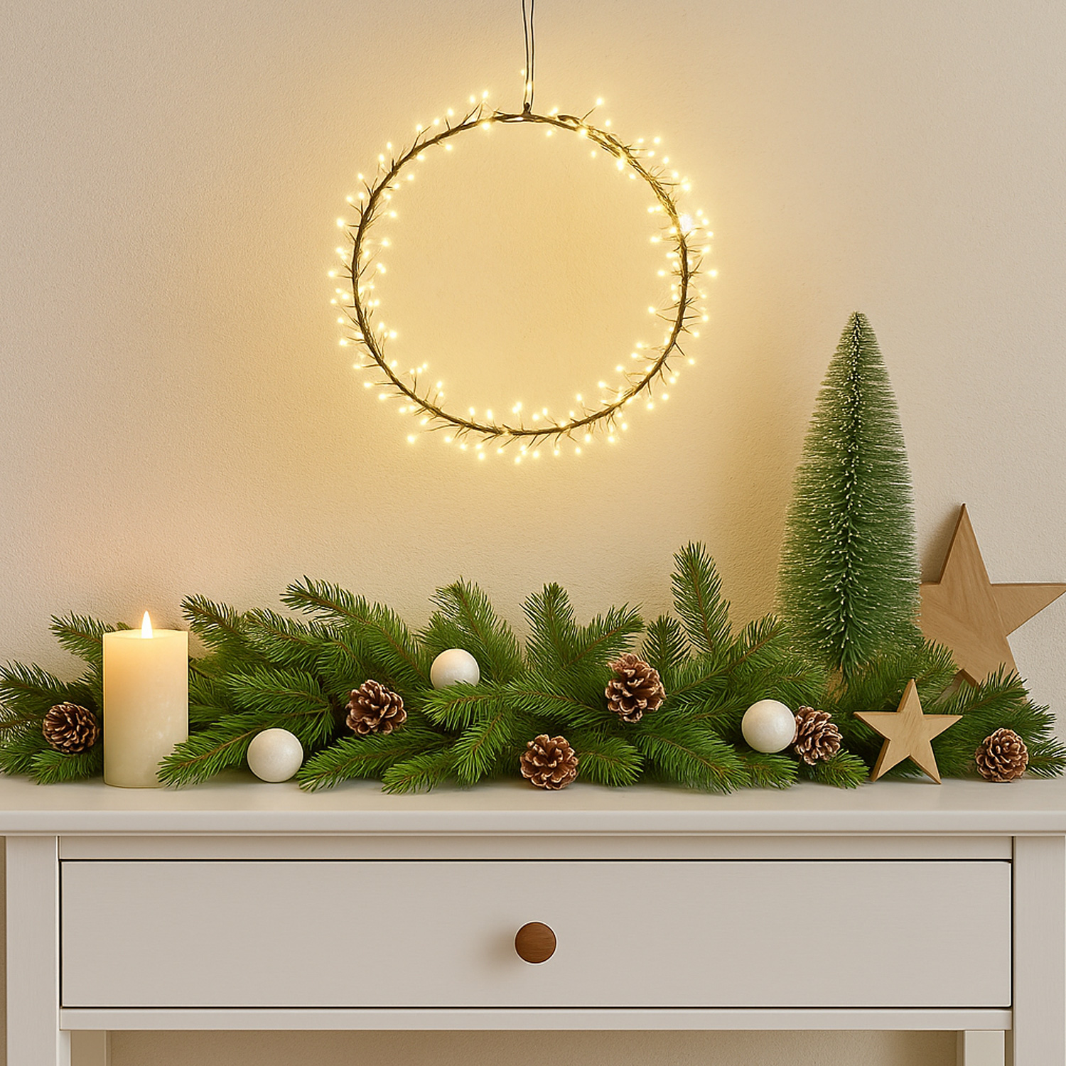 LED Kranz - Lichtkranz - 90 warmweiße LED - D: 24cm - Batterie - Timer - für Innen - schwarz