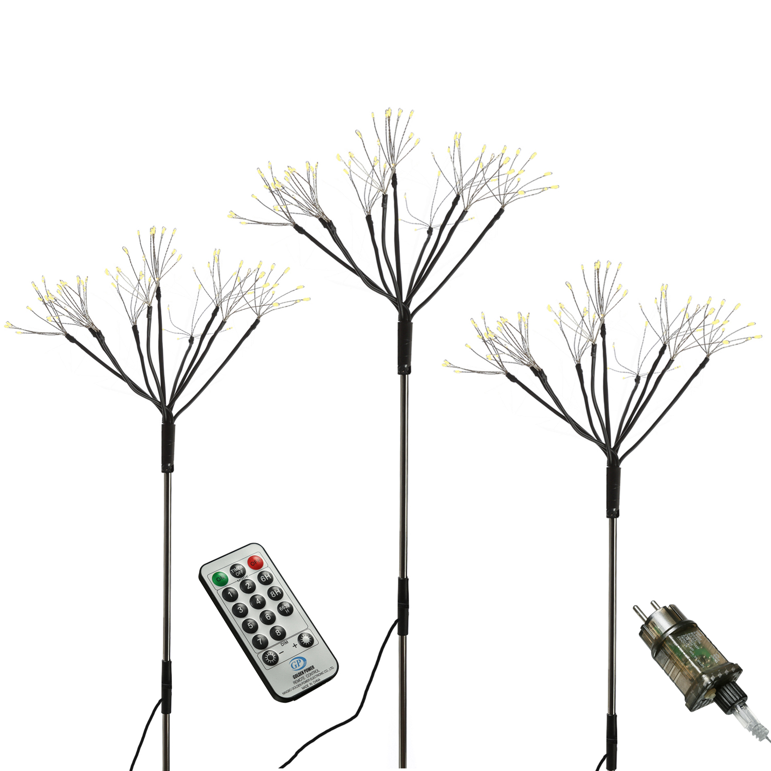 LED Gartenstecker Feuerwerk - Leuchtstäbe Pusteblumen - H: 80cm - 8Funkt./Fernb. - 3er Set schwarz