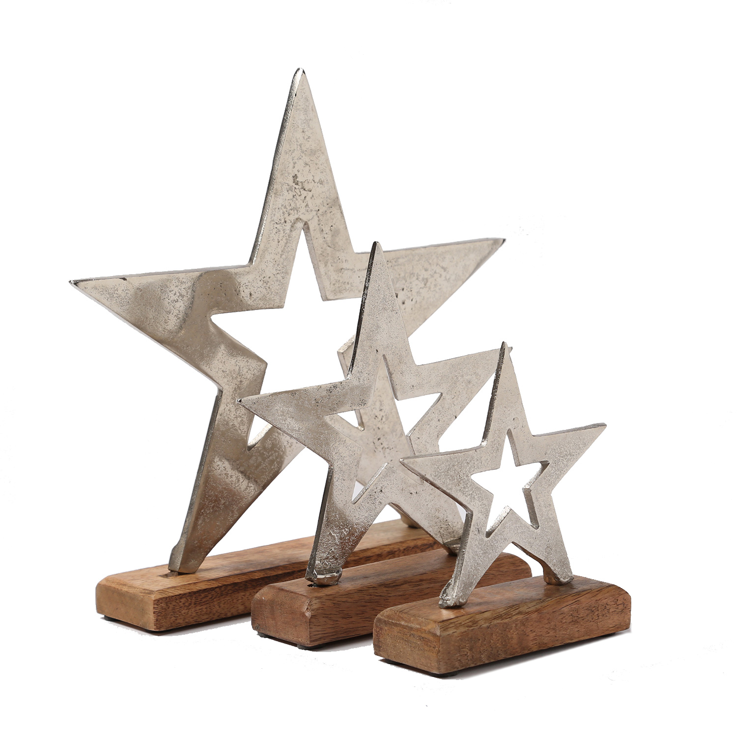Dekostern aus Aluminium - stehend - Mangoholzsockel - 28,7cm, 20cm, 15,5cm - natur, silber - 3er Set
