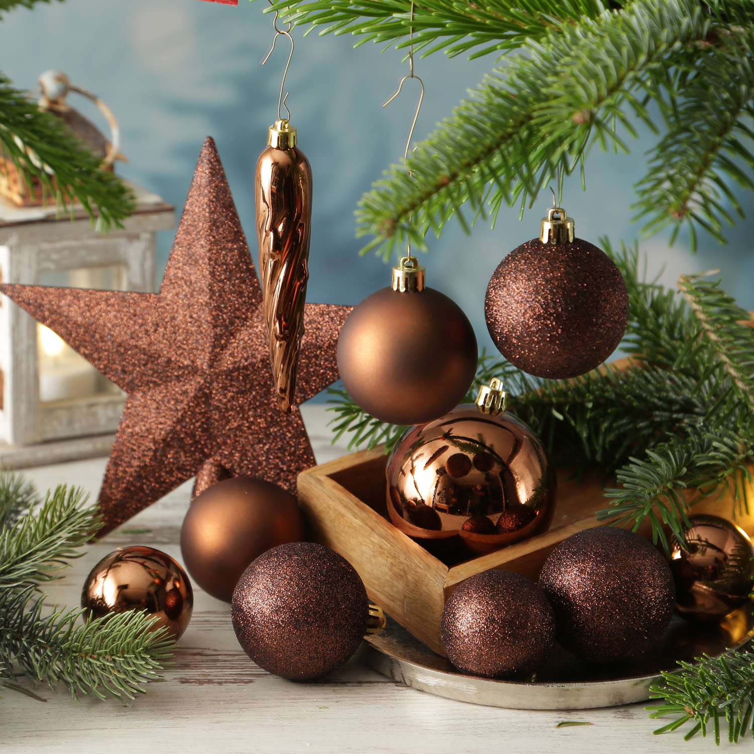 Christbaumkugeln - Weihnachtsbaumkugeln mit Stern Baumspitze - bruchfest - braun - 33er Set