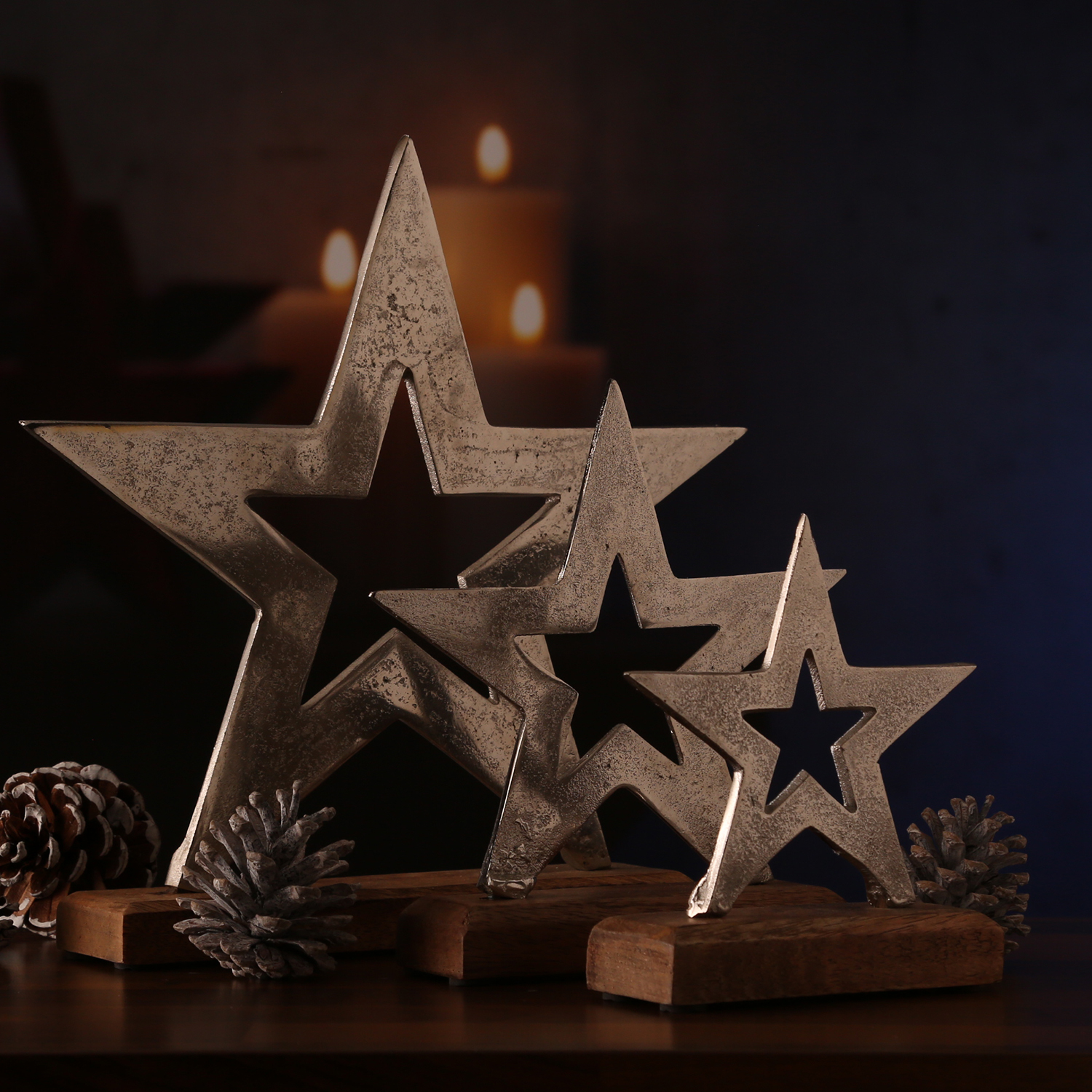 Dekostern aus Aluminium - stehend - Mangoholzsockel - 28,7cm, 20cm, 15,5cm - natur, silber - 3er Set