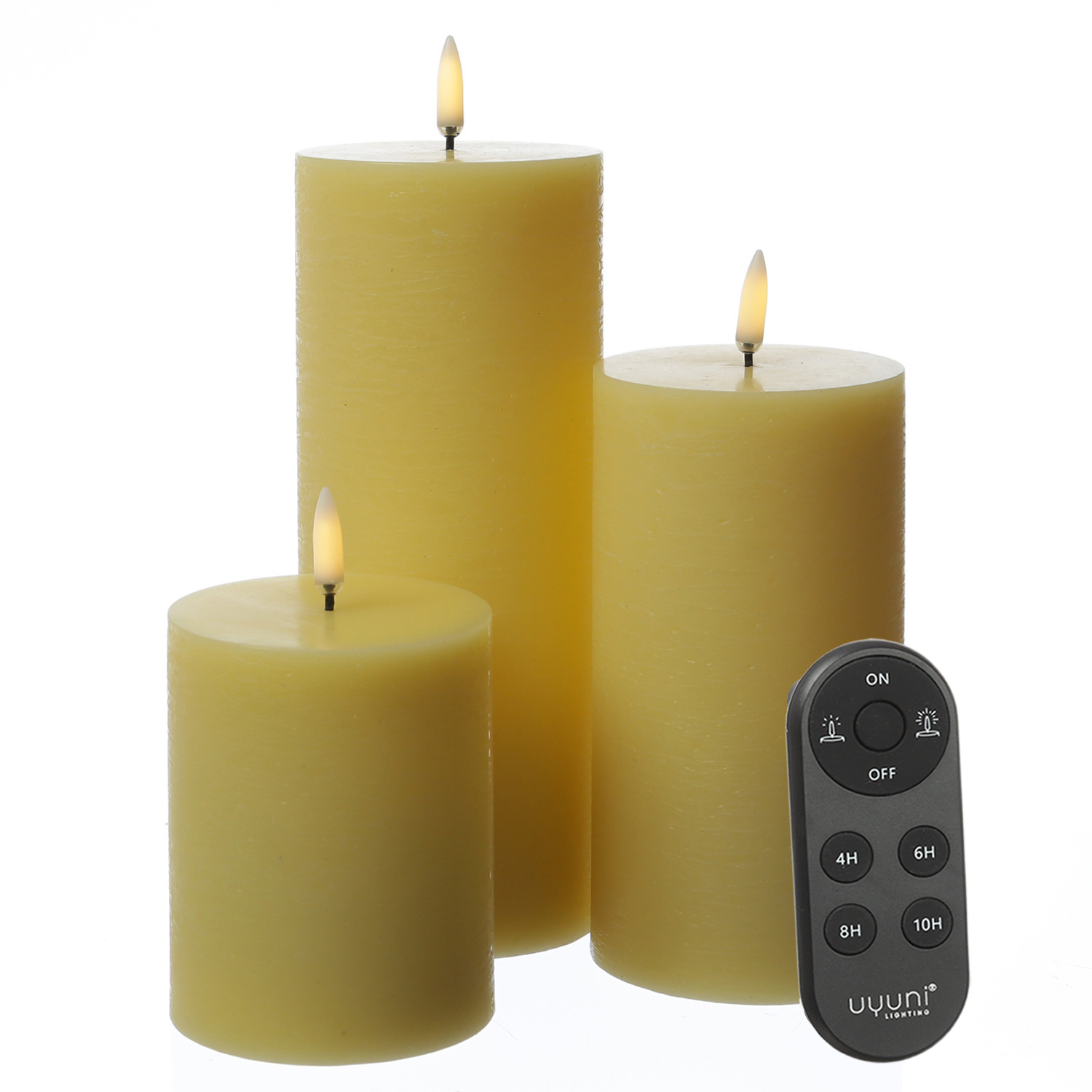 LED Kerzenset PIA - Rustik-Optik - 3 Größen - inkl. Batterien und Fernbedienung - gelb - 3er Set