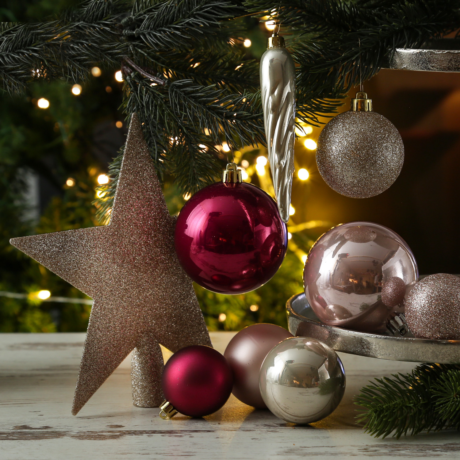 Christbaumkugeln - Weihnachtsbaumkugeln mit Stern Baumspitze - bruchfest - pink, rosa - 33er Set