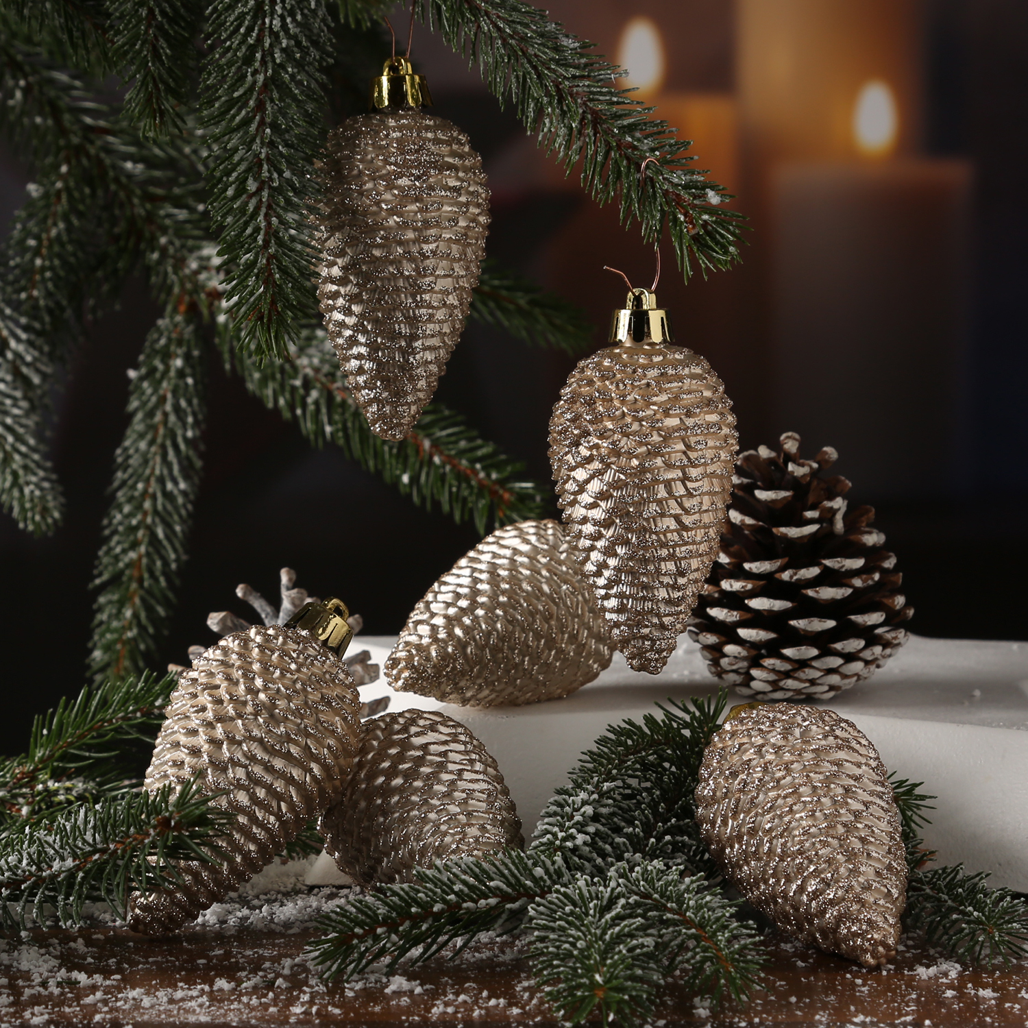 Christbaumschmuck ZAPFEN - Weihnachtsbaumschmuck - bruchfest - H: 8cm - champagner - 6er Set Christbaumschmuck ZAPFEN - Weihnachtsbaumschmuck - bruchfest - H: 8cm - champagner - 6er Set